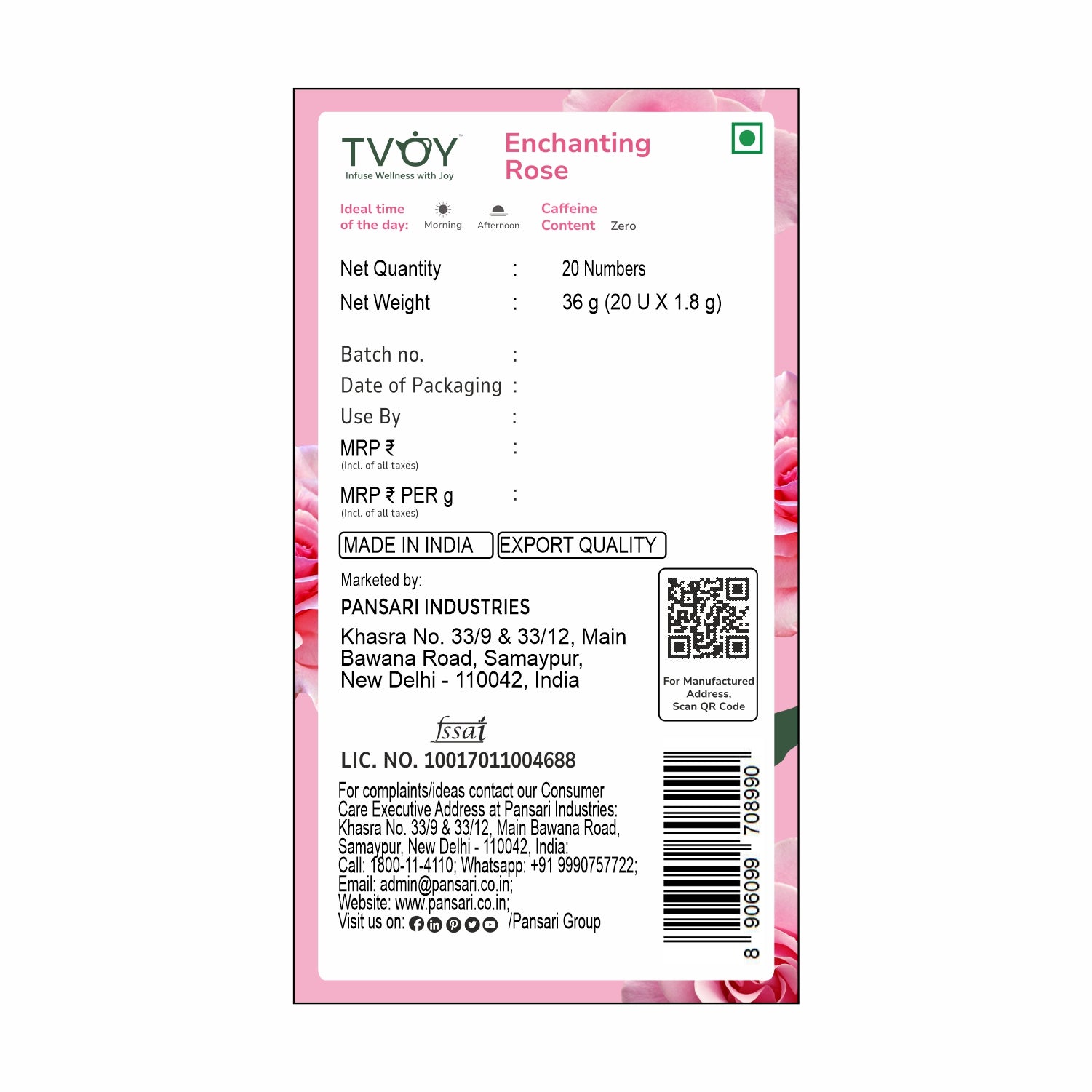 TVOY Enchanting_Rose Green Tea label – packaging showing ingredients, benefits.