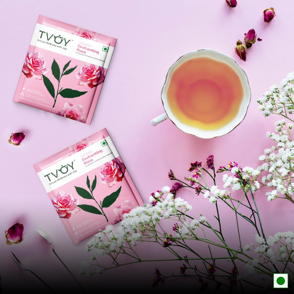 TVOY Enchanting Rose Green Tea with a cup – freshly brewed floral green tea with real rose petals