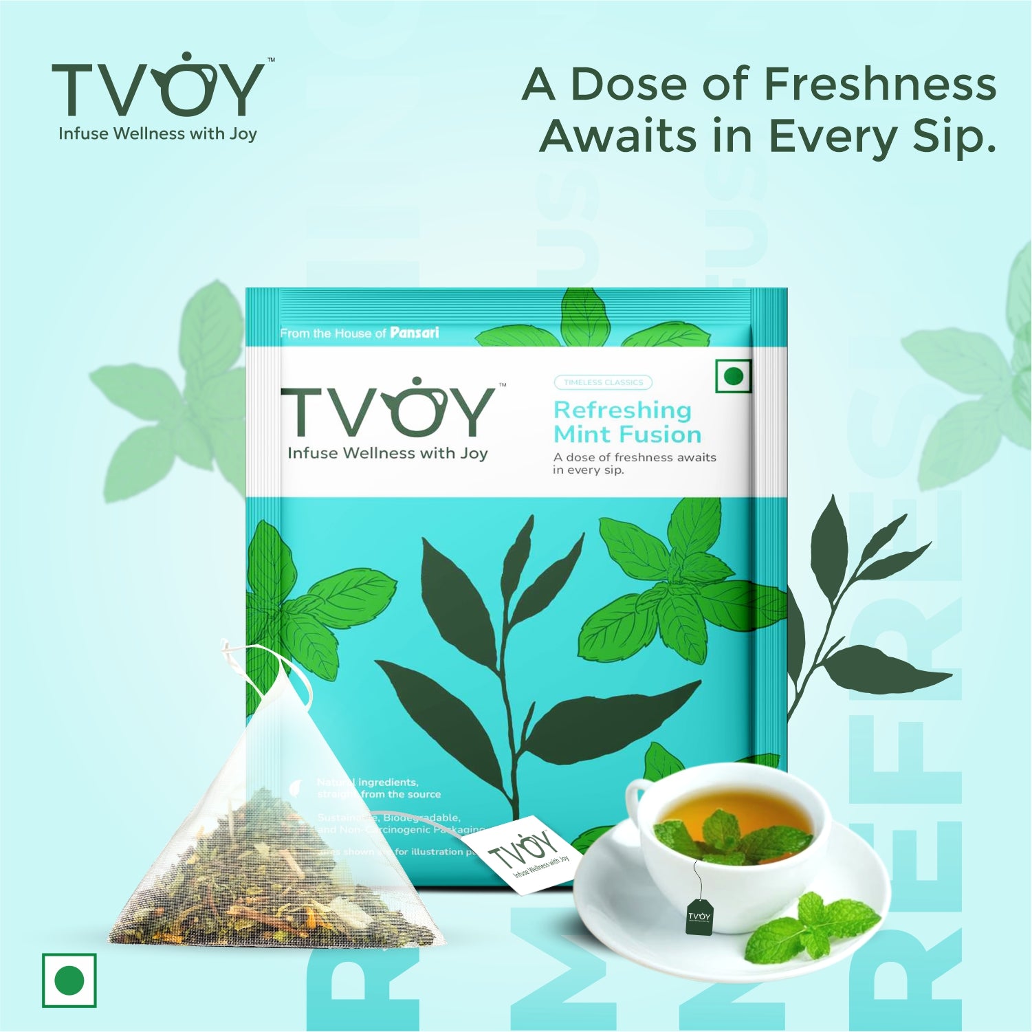 TVOY Refreshing Mint Fusion Green Tea – cooling and aromatic green tea blend.