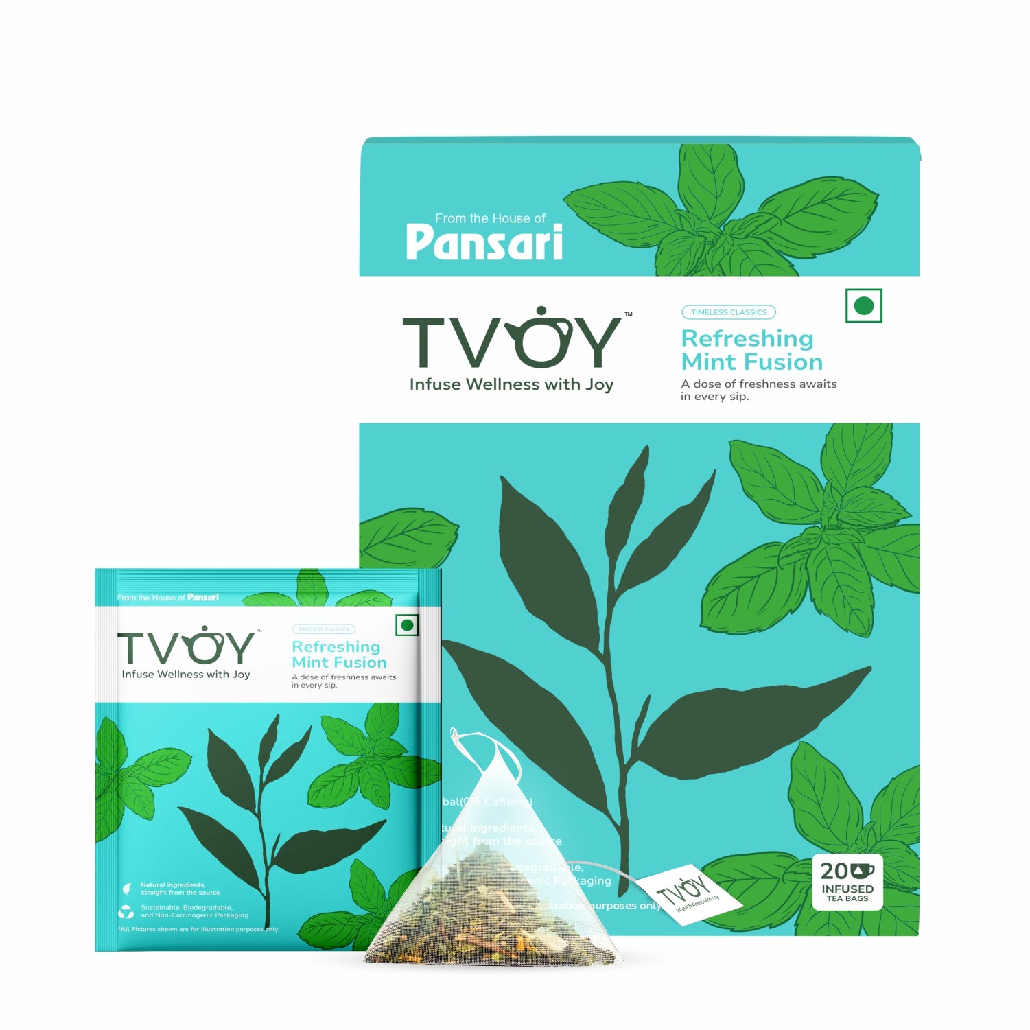 TVOY Refreshing  Mint Fusion Green Tea box and sachet – refreshing mint tea in biodegradable packaging.