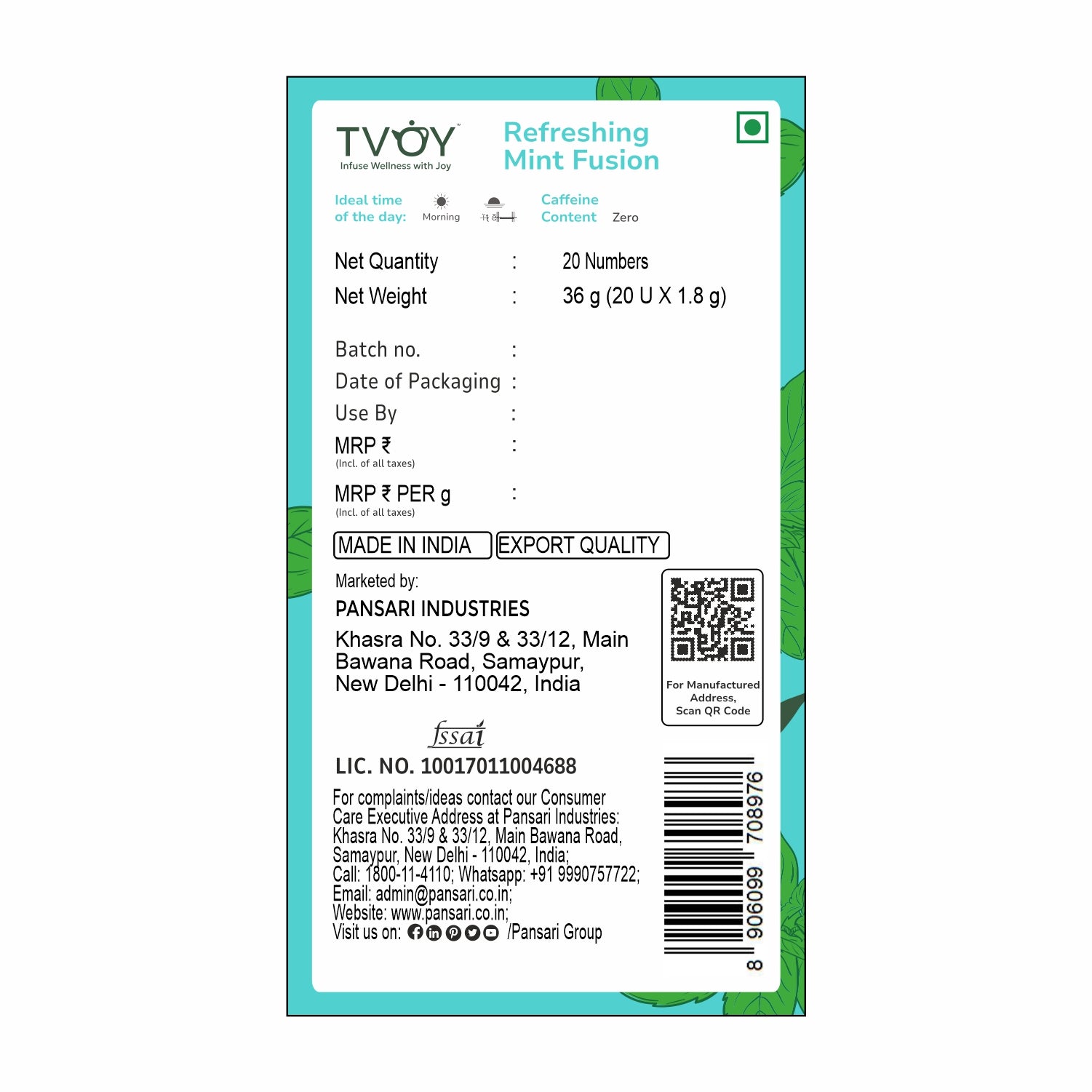 TVOY Refreshing  Mint Fusion Green Tea box showcasing packaging labels with ingredients and brewing info.