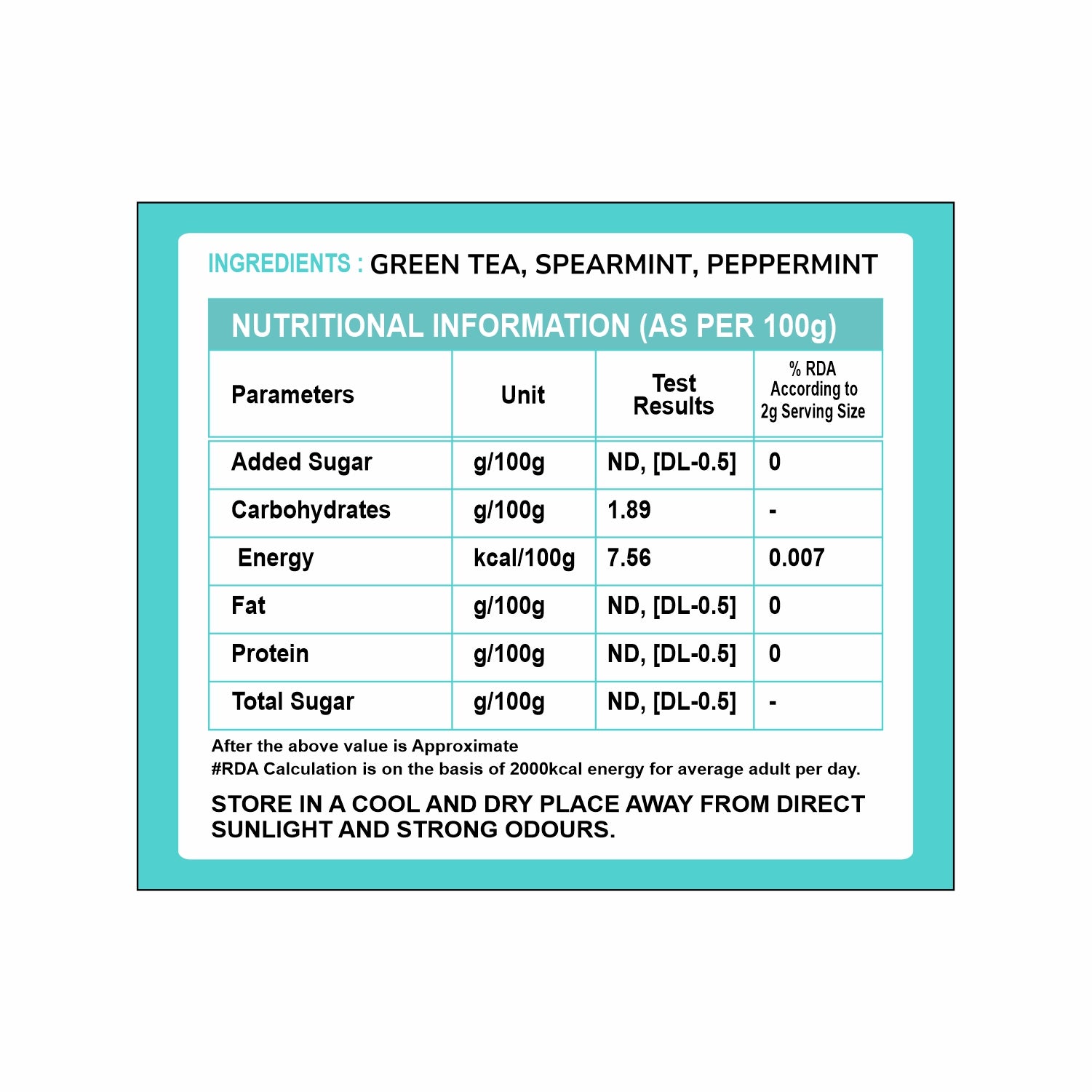 TVOY Refreshing  Mint Fusion Green Tea ingredients listed on box – green tea, peppermint, and spearmint.