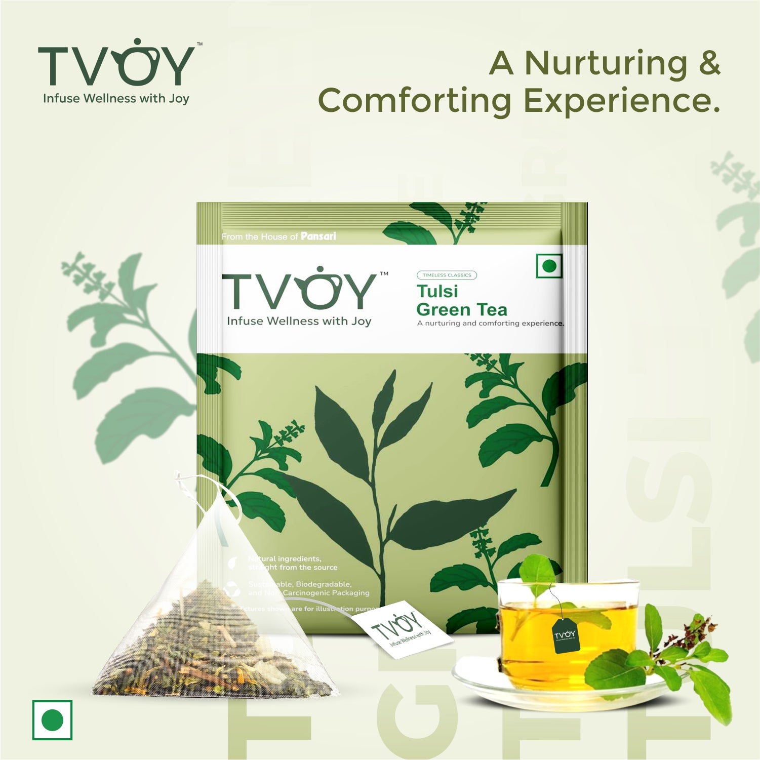 TVOY Tulsi Green Tea – calming blend of green tea with holy basil (tulsi).