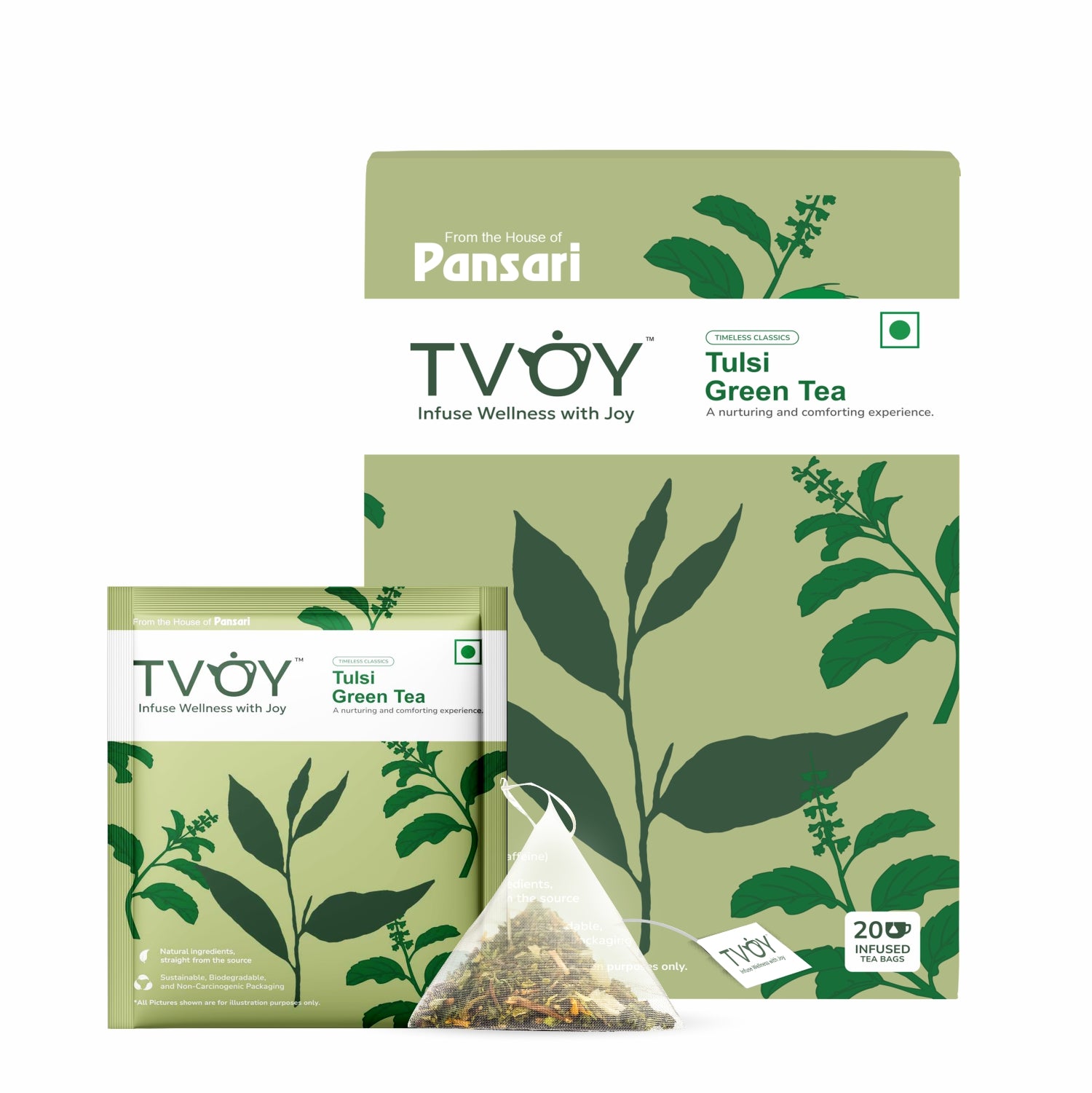 TVOY Tulsi Green Tea box and sachet – herbal green tea in biodegradable pyramid sachet
