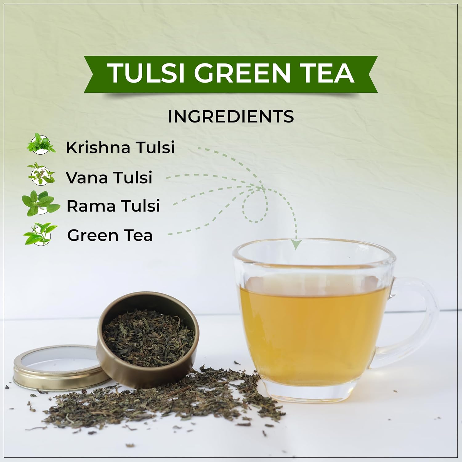 TVOY Tulsi Green Tea ingredients – green tea leaves blended with tulsi for immunity and wellness.