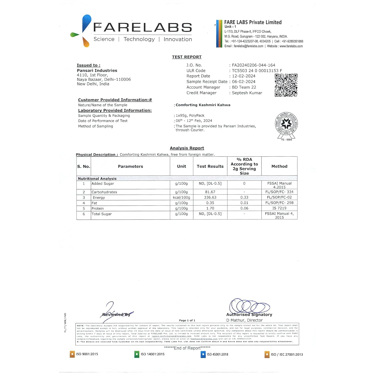 Lab test report by Farelabs – validating the quality and safety of Tvoy Traditional Kashmiri Kahwa Green Tea.