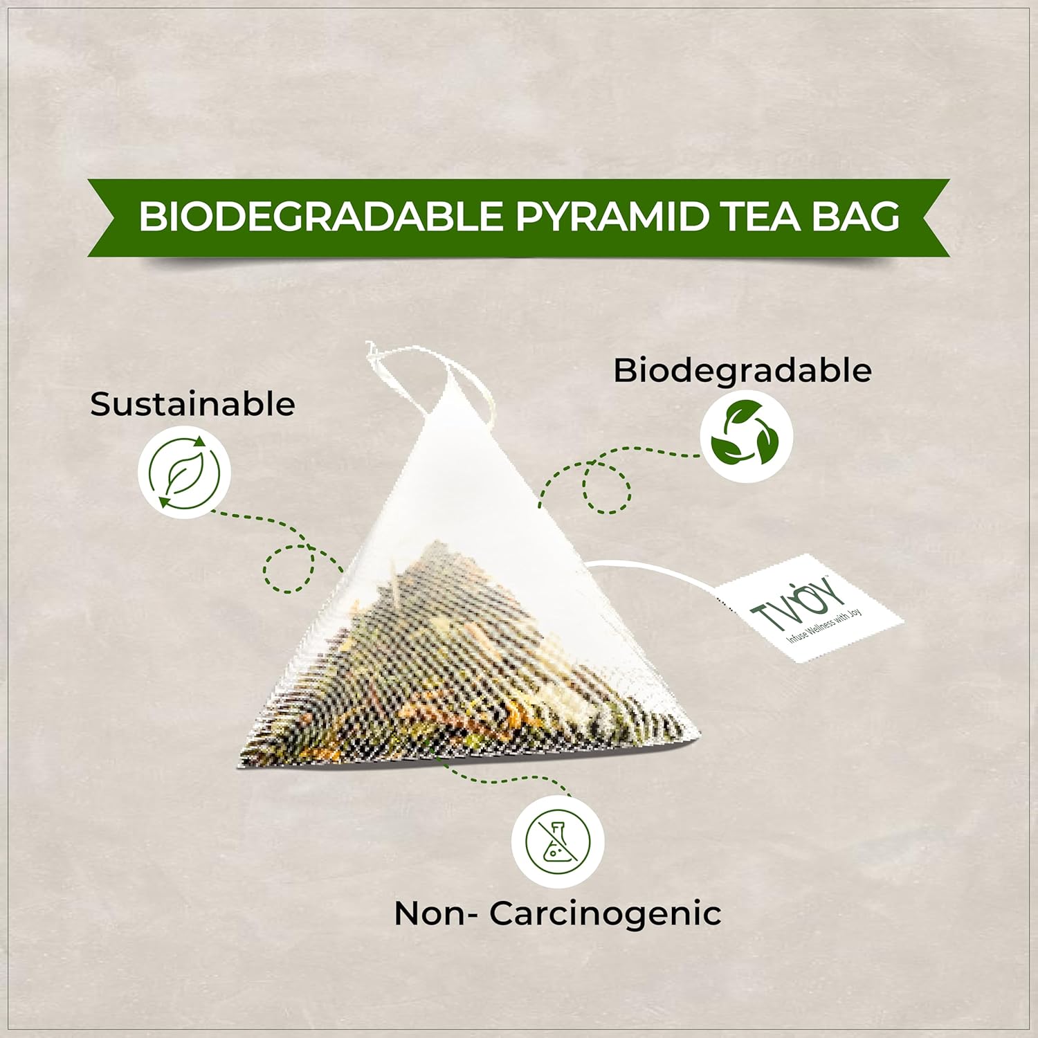 Tvoy biodegradable pyramid-shaped teabags – eco-friendly and plastic-free.