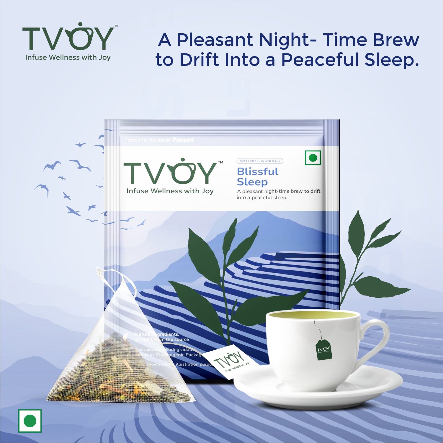 Tvoy Blissful Sleep Flavored Tea – calming herbal tea blend crafted for restful sleep.