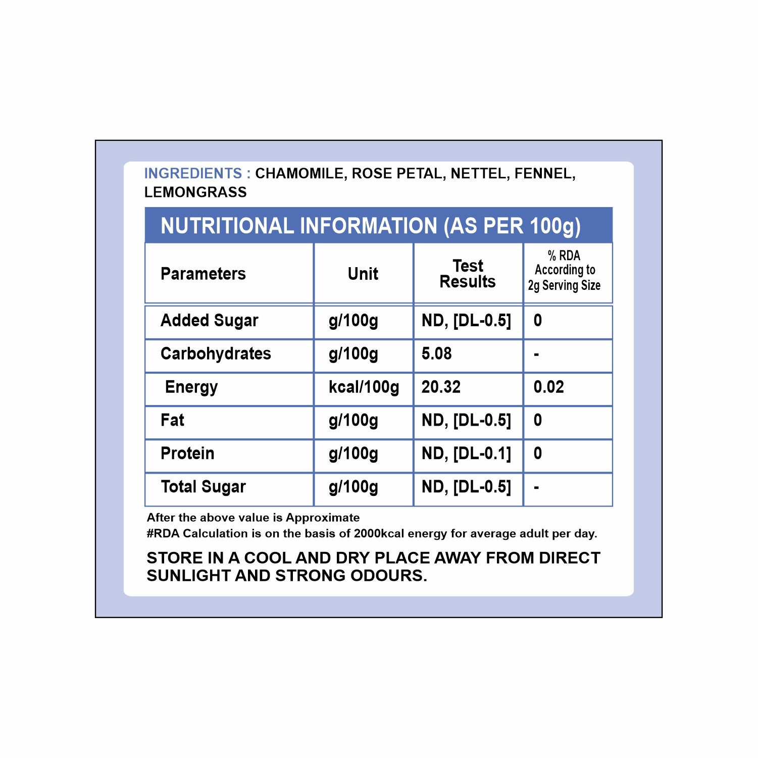 Tvoy Blissful Sleep Flavored Tea box ingredients – clearly listed herbal components for sleep support.