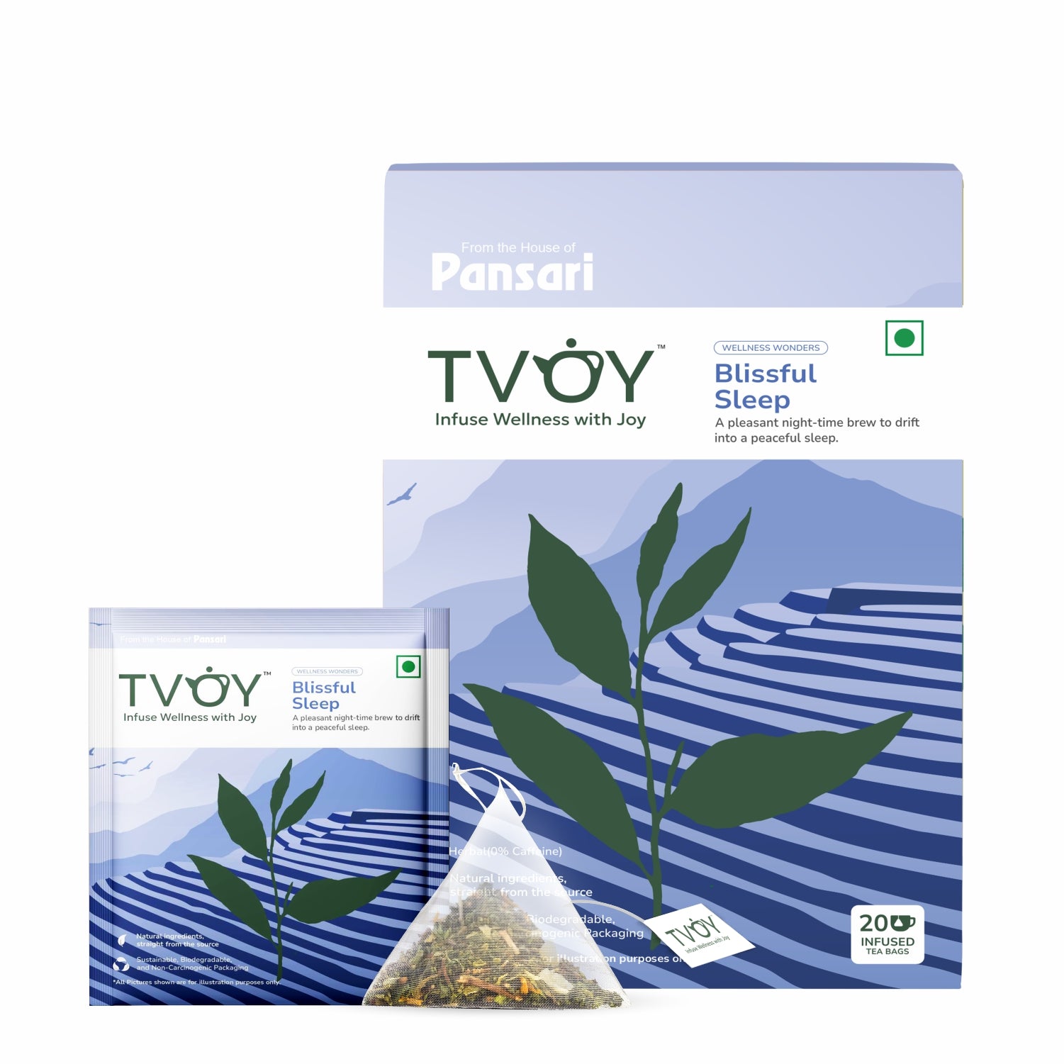 Tvoy Blissful Sleep Flavored Tea box with sachet – single-use biodegradable tea bag included.