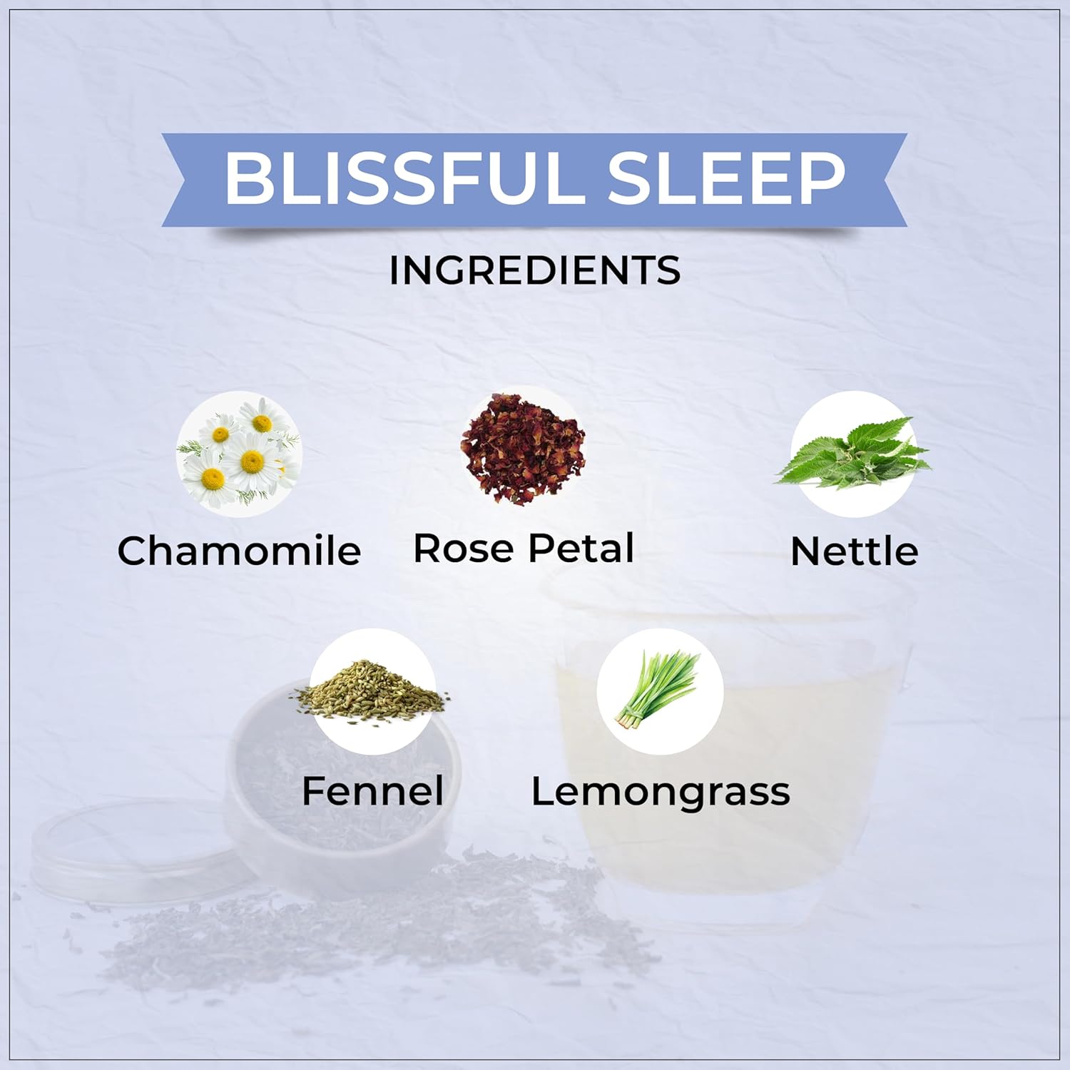 Tvoy Blissful Sleep Flavored Tea ingredients – natural herbs and botanicals for better sleep.