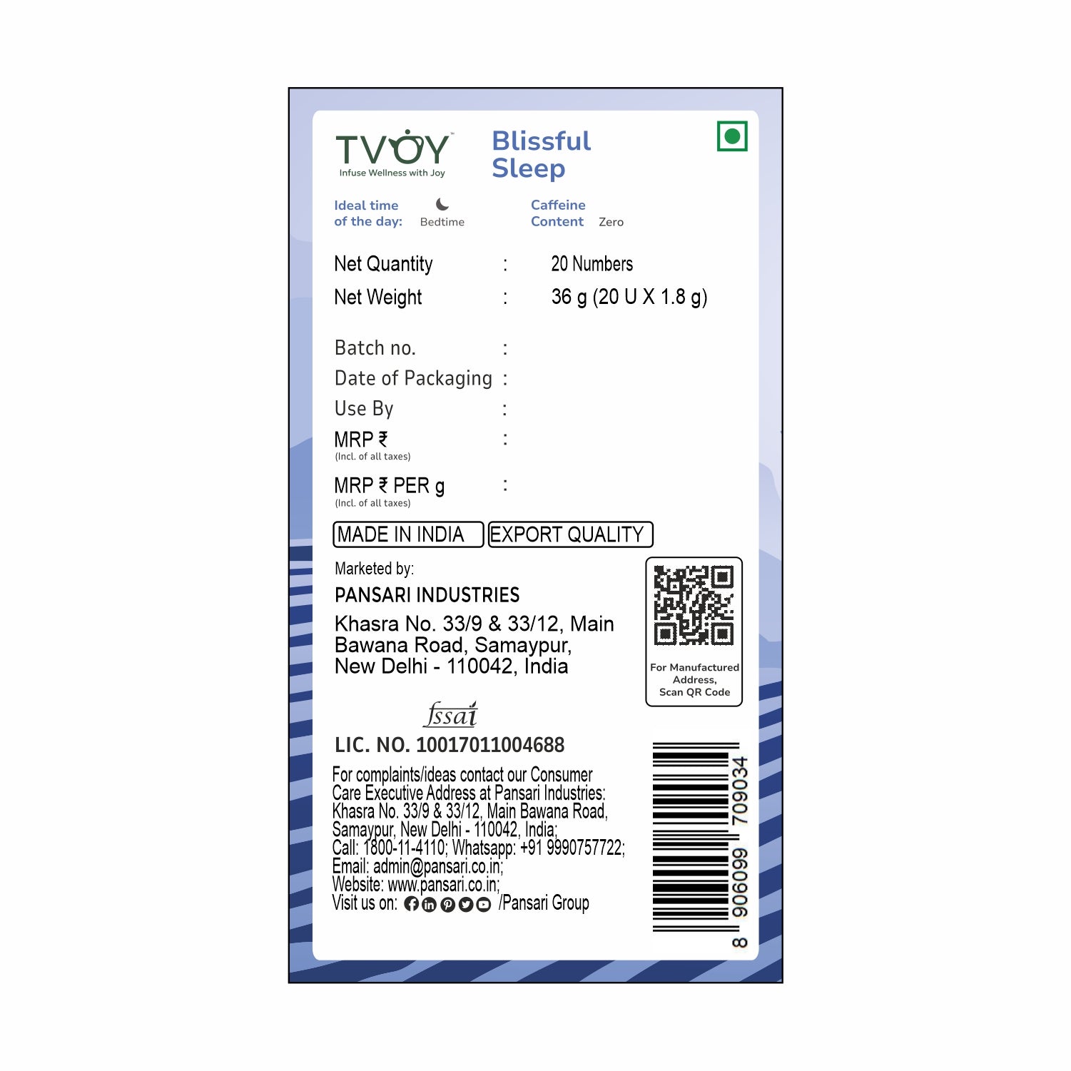 Tvoy Blissful Sleep Flavored Tea packaging labels – quantity and other details.