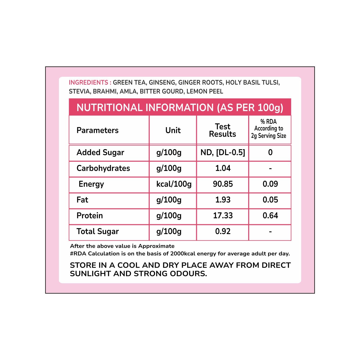 Tvoy Blood Sugar Regulator Green Tea box ingredients – printed list of natural herbs and green tea and nutrition info.
