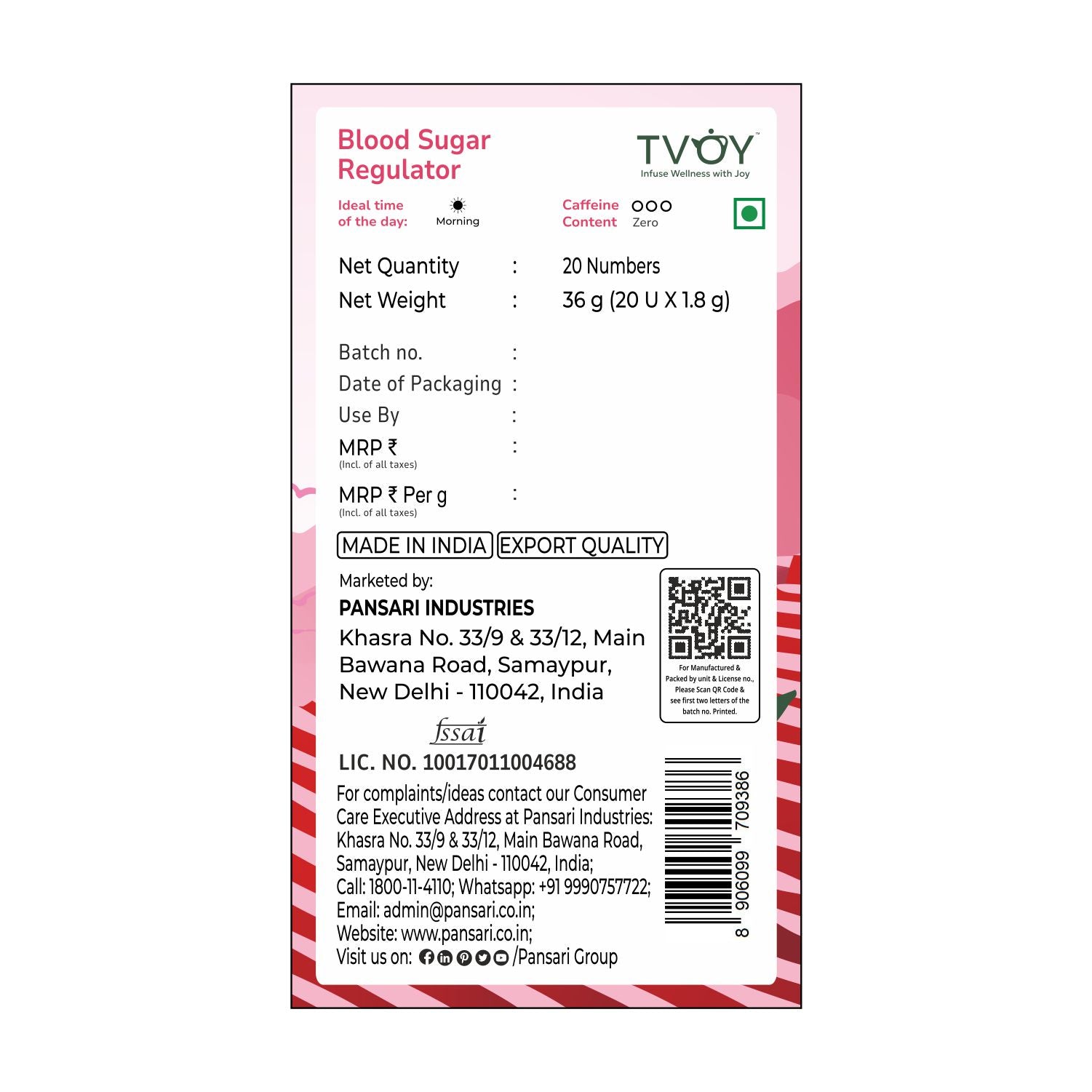 Tvoy Blood Sugar Regulator Green Tea packaging labels – displaying net weight and quantity.