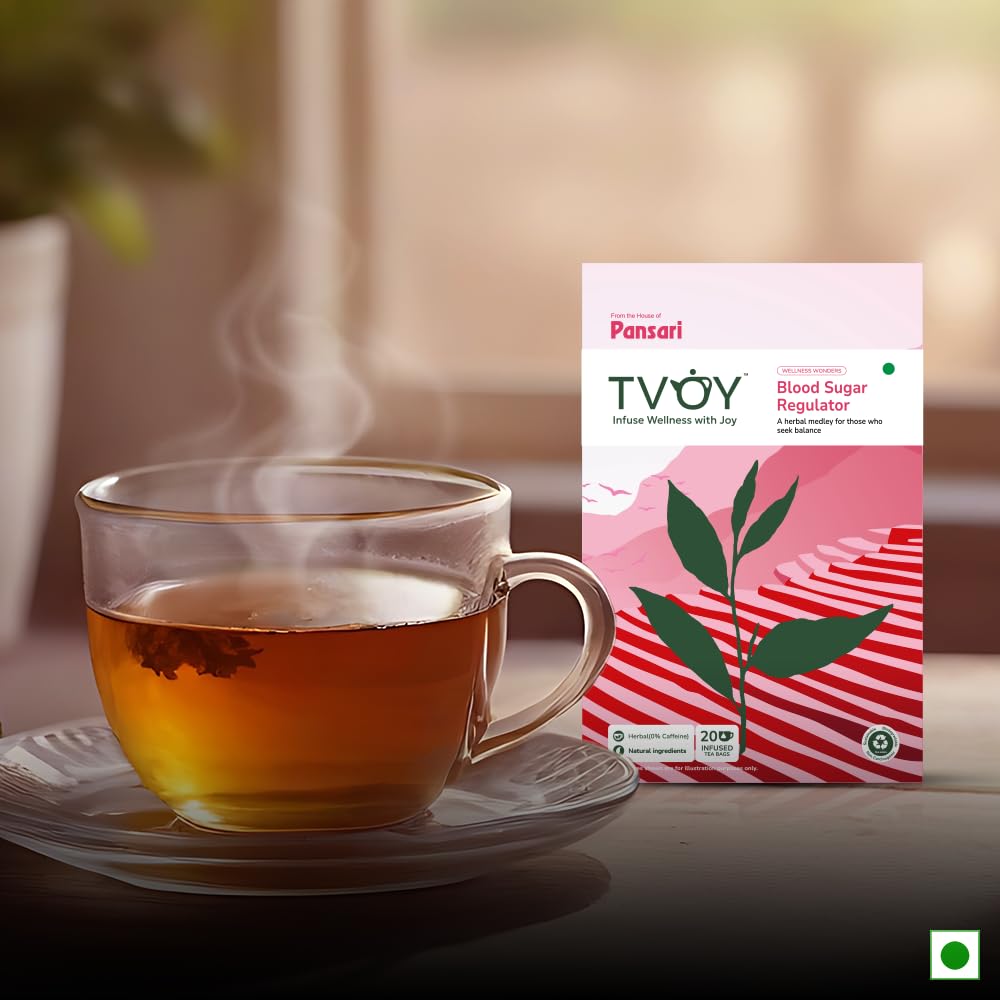 Tvoy Blood Sugar Regulator Green Tea with a cup – brewed tea for blood sugar support and wellness.