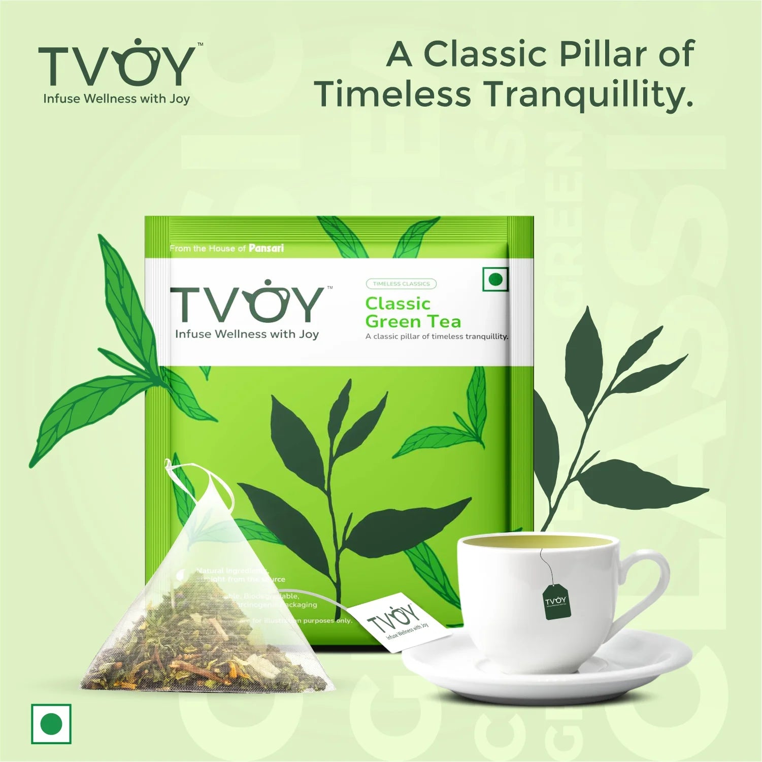Tvoy Classic Green Tea – 20 biodegradable tea bags in eco-friendly packaging.