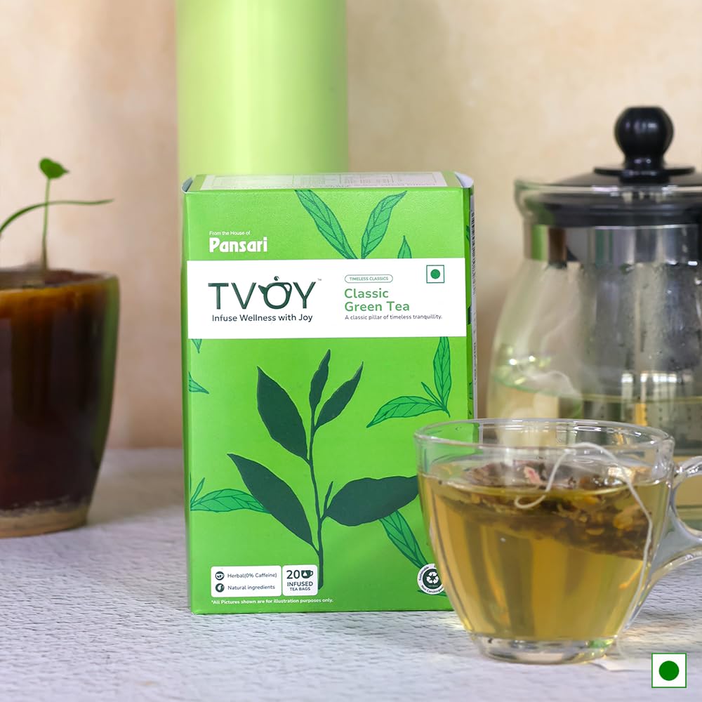 Tvoy Classic Green Tea box with a cup of freshly brewed green tea.