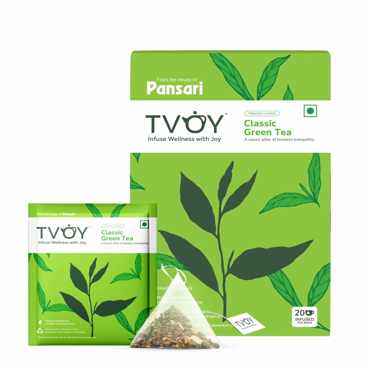 Tvoy Classic Green Tea box and sachet – high-quality green tea in biodegradable packaging.