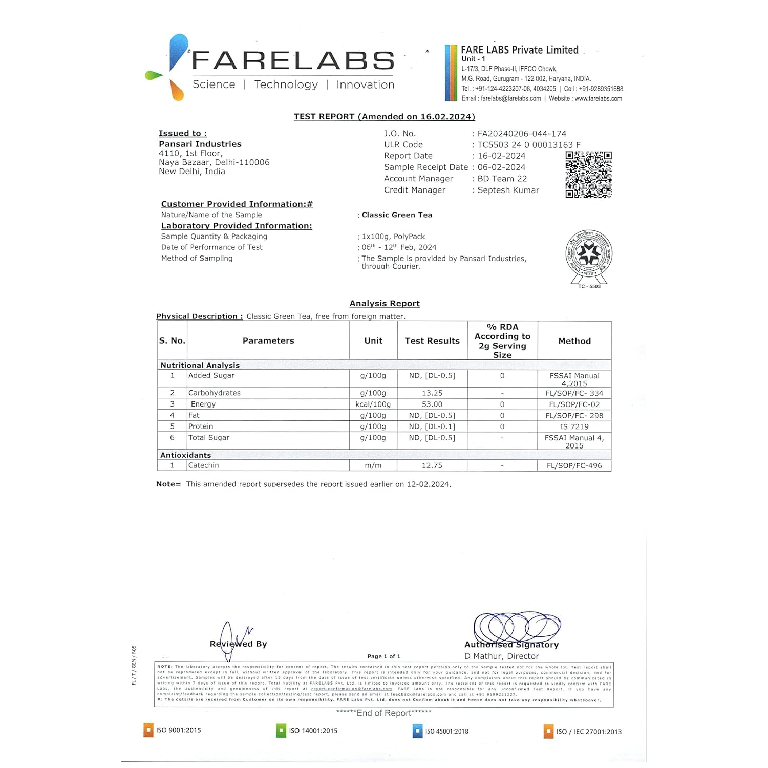 Lab test report by Farelabs – validating the quality and safety of Tvoy Classic Green Tea.