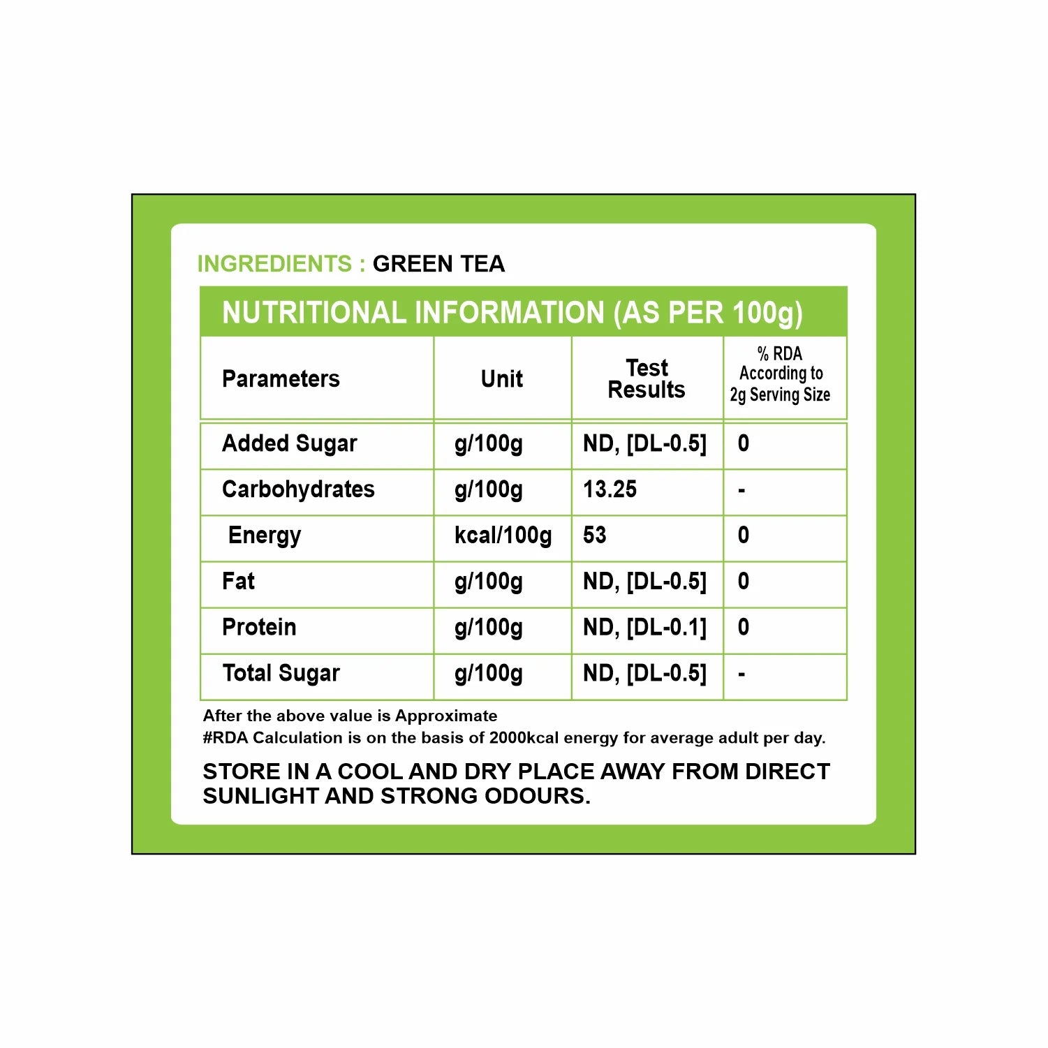 Tvoy Classic Green Tea box showcasing nutritional information – calorie count, ingredients, and health benefits.