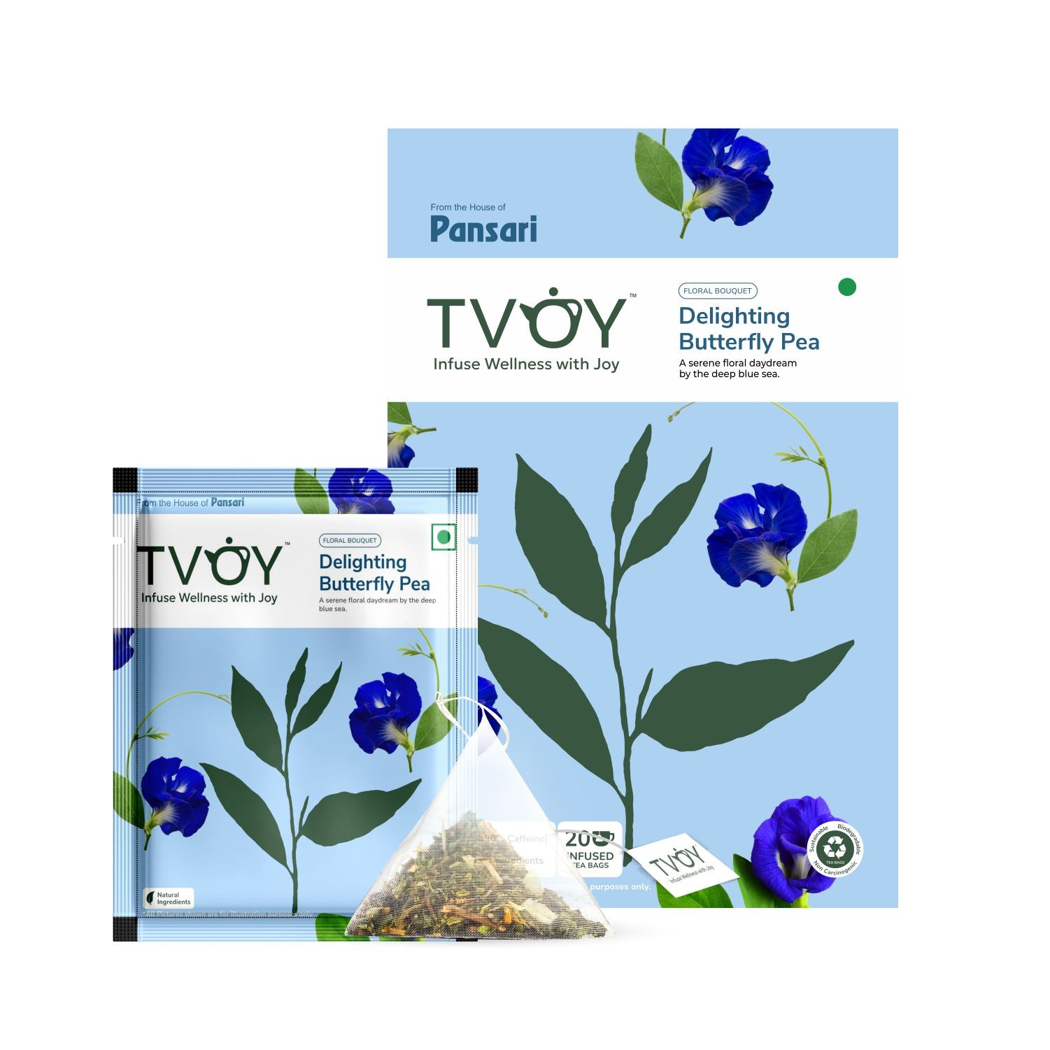 Tvoy Delighting Butterfly Pea Floral Tea box with sachet – biodegradable pyramid tea bag inside