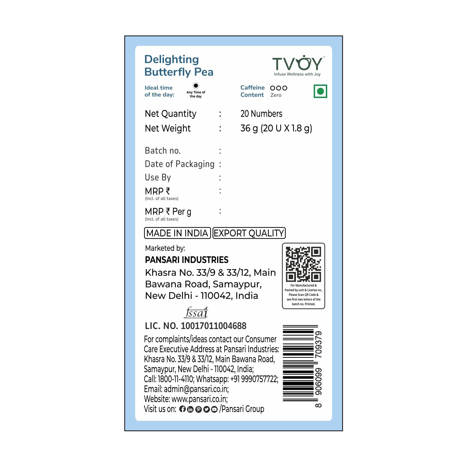 Tvoy Delighting Butterfly Pea Floral Tea packaging labels - showing quantity and other details