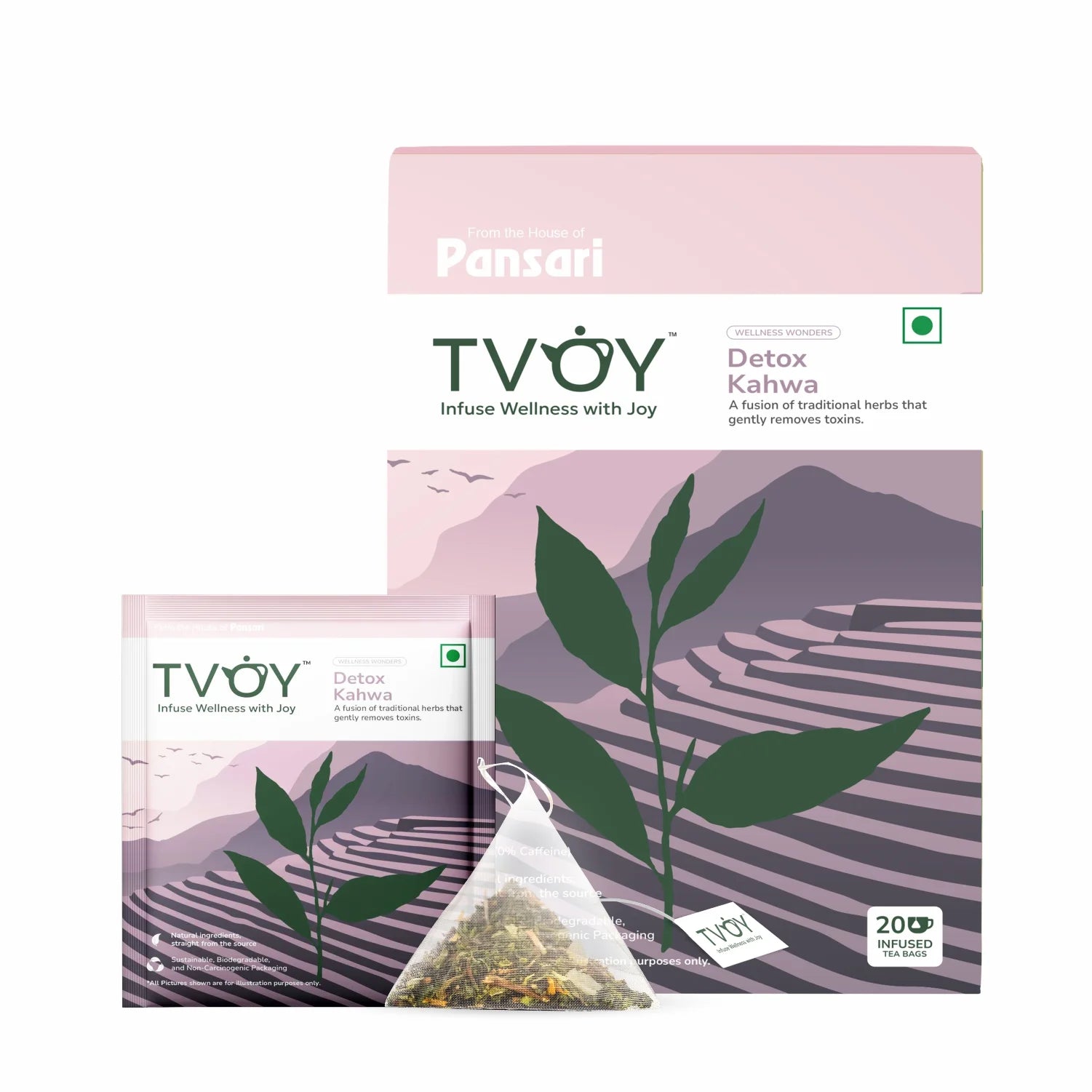 Tvoy Detox Kahwa Green Tea box with sachet – includes biodegradable pyramid tea bag.