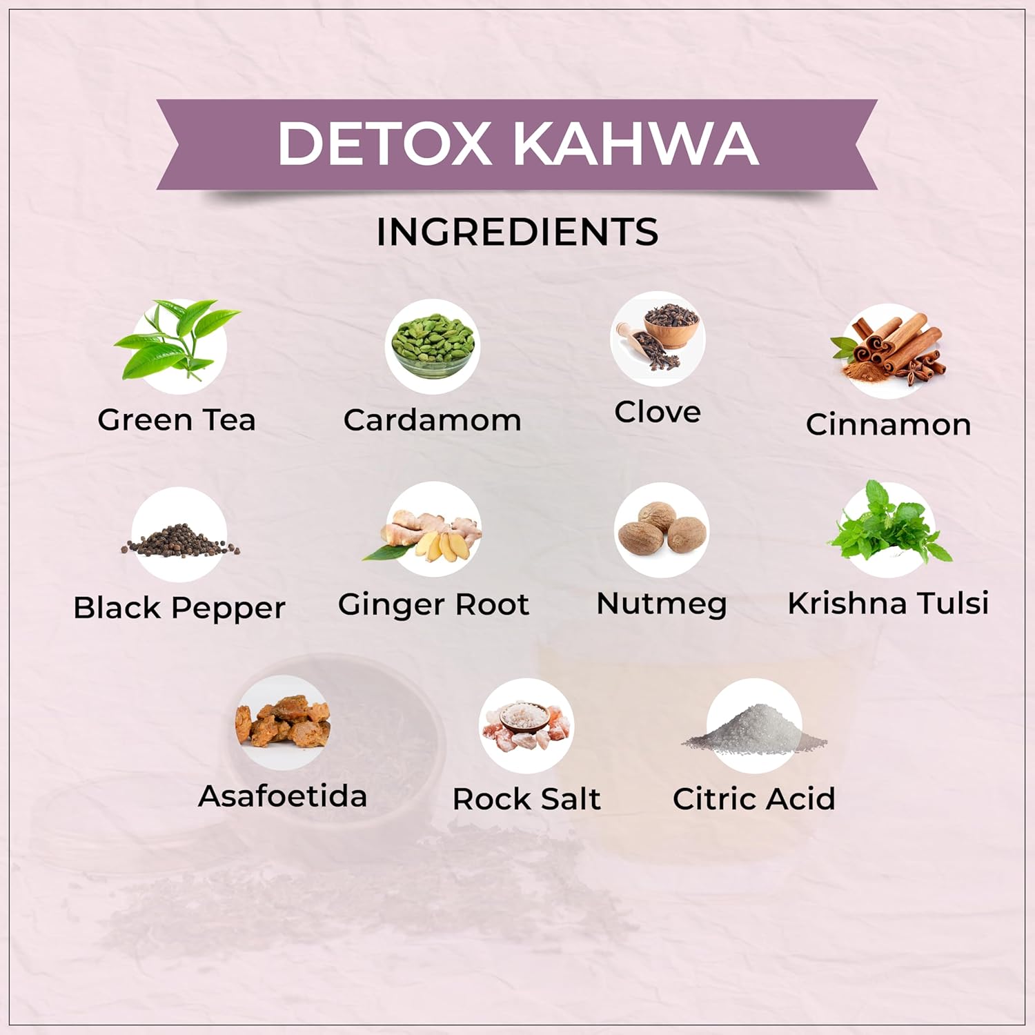 Tvoy Detox Kahwa Green Tea ingredients – green tea with traditional kahwa spices and herbs.