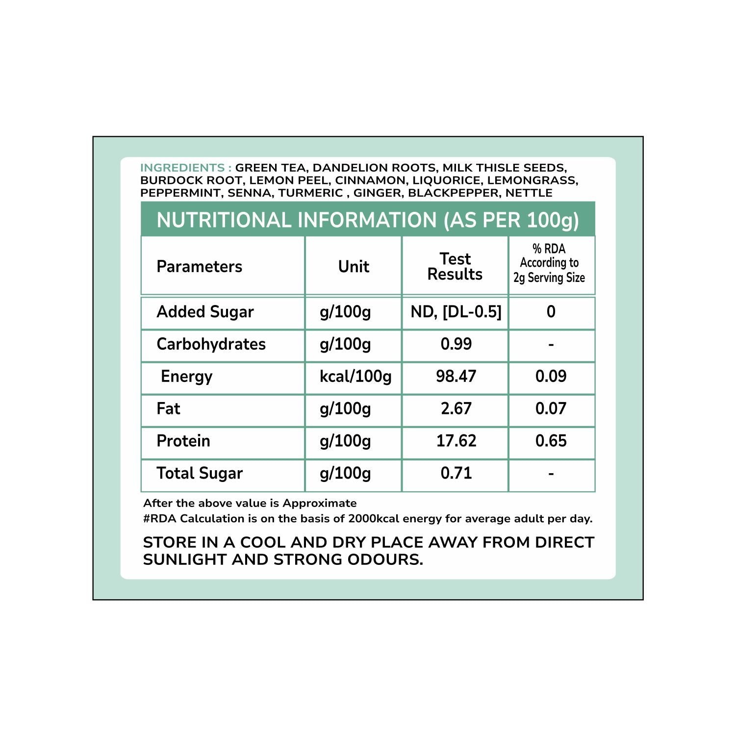 Tvoy Dreamy Dandelion Green Tea box ingredients – green tea and dandelion blend listed