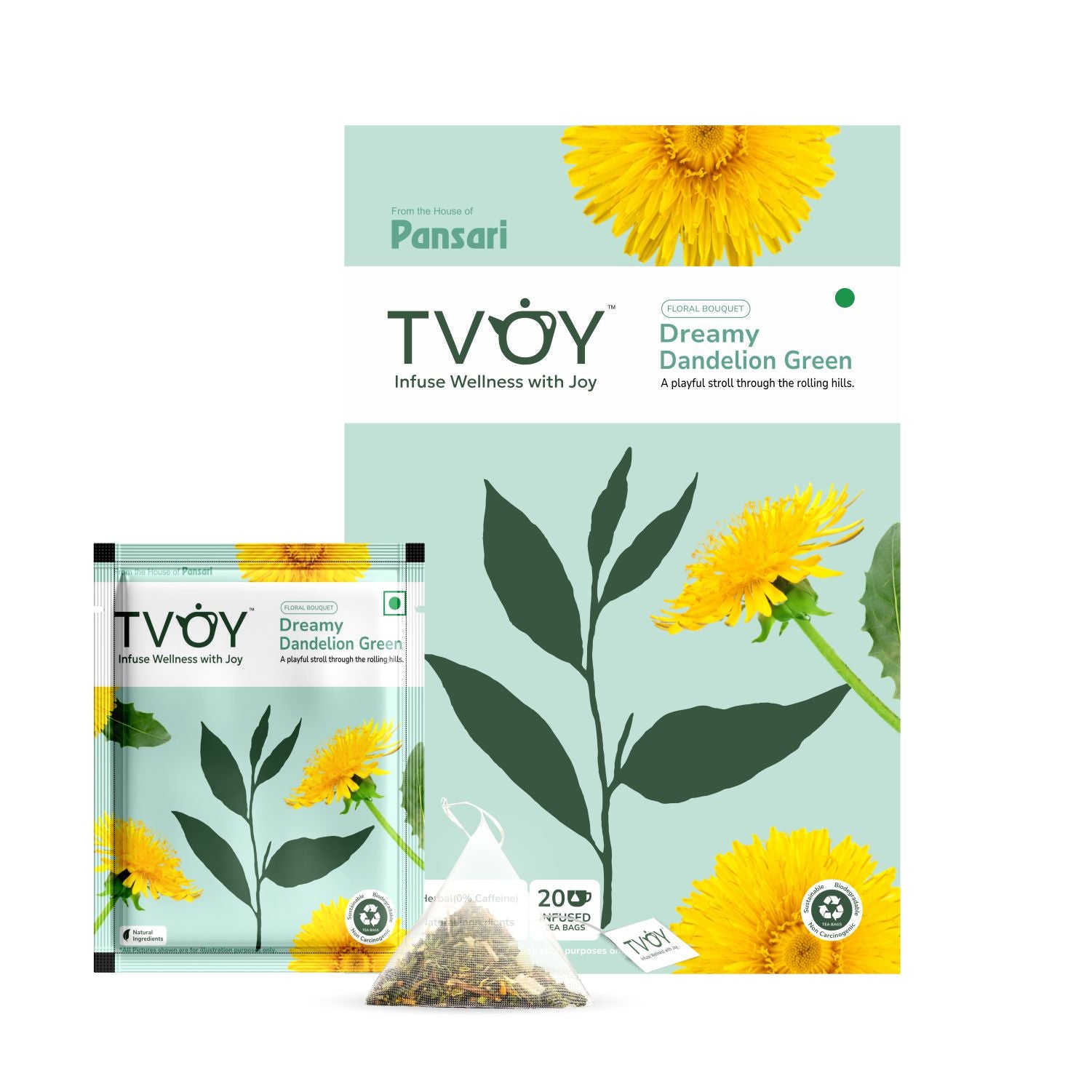 Tvoy Dreamy Dandelion Green Tea box with sachet – single biodegradable pyramid tea bag