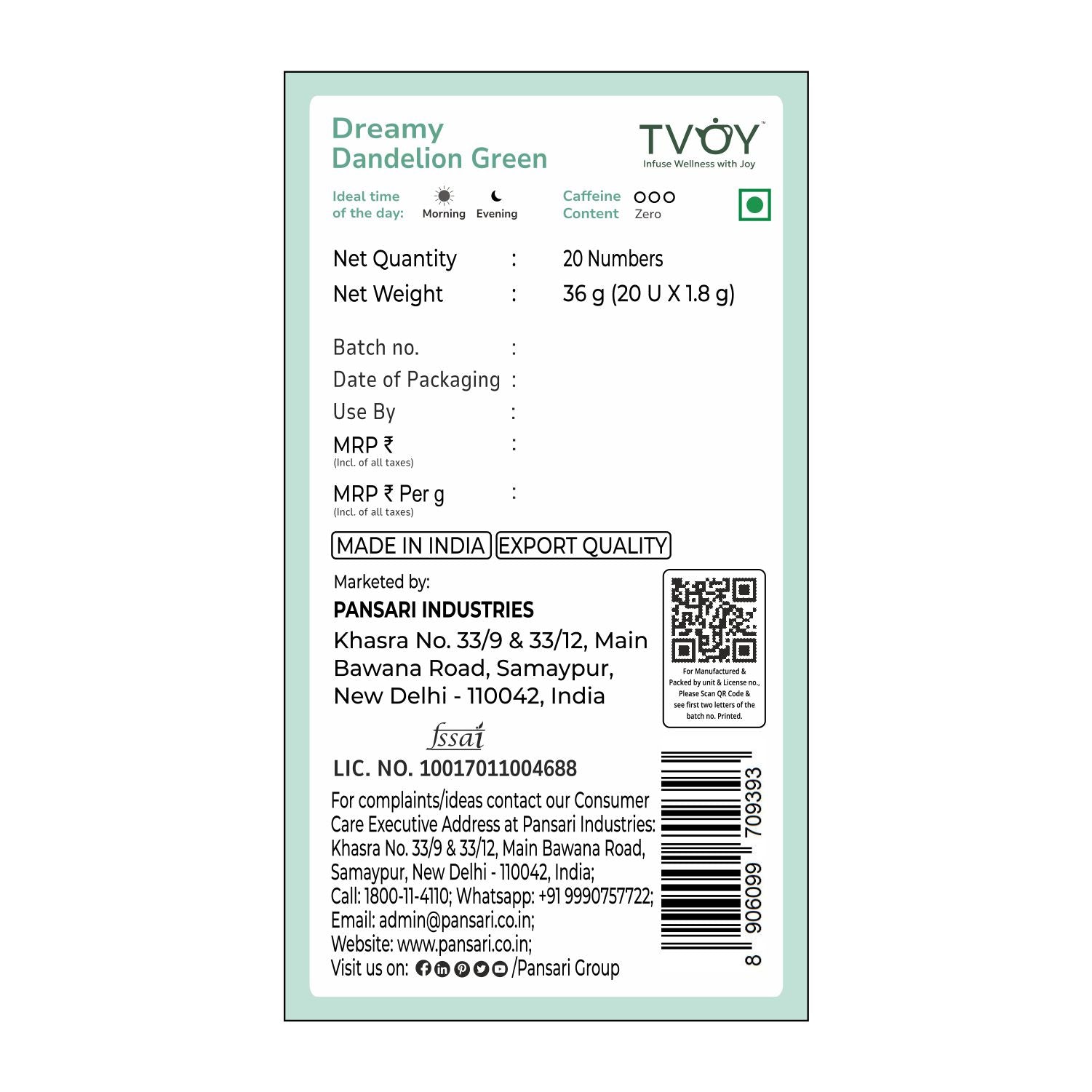 Tvoy Dreamy Dandelion Green Tea packaging labels – details on ingredients, brewing, and storage