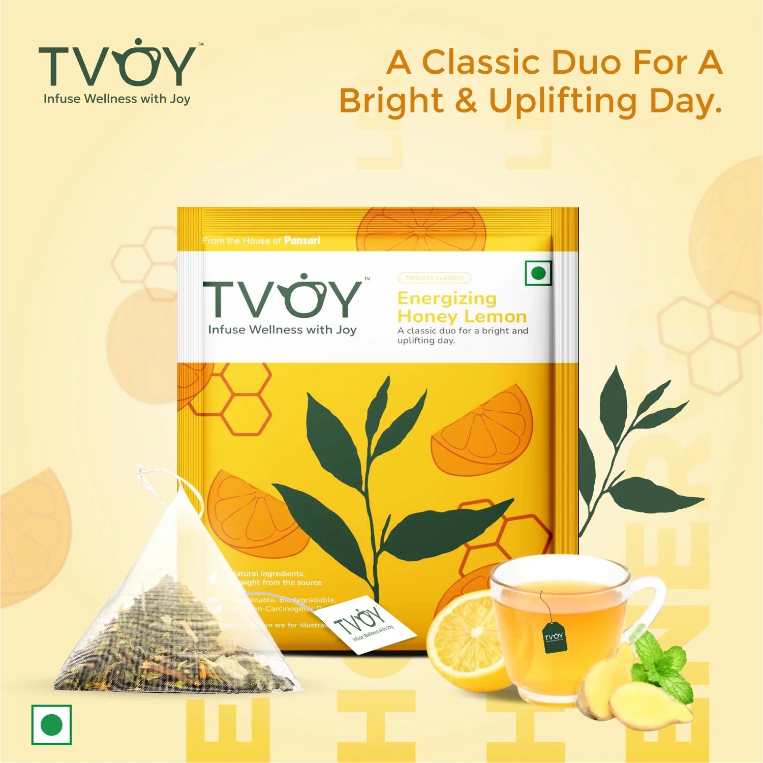 Tvoy Energizing Honey Lemon Green Tea box – zesty lemon and honey blend in eco-friendly packaging.