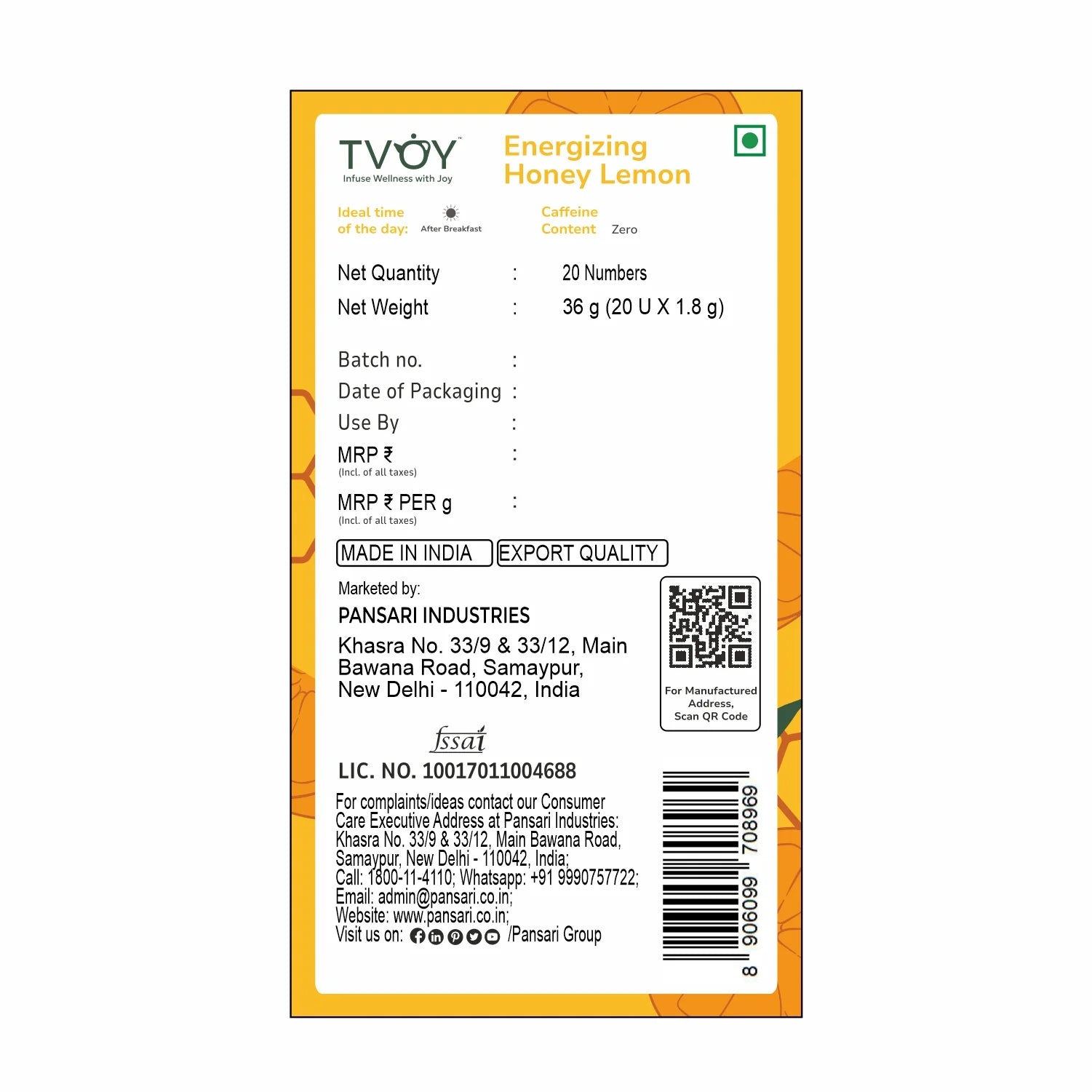 Tvoy Energizing Honey Lemon Green Tea box showcasing nutritional facts – low calorie, antioxidant-rich blend.
