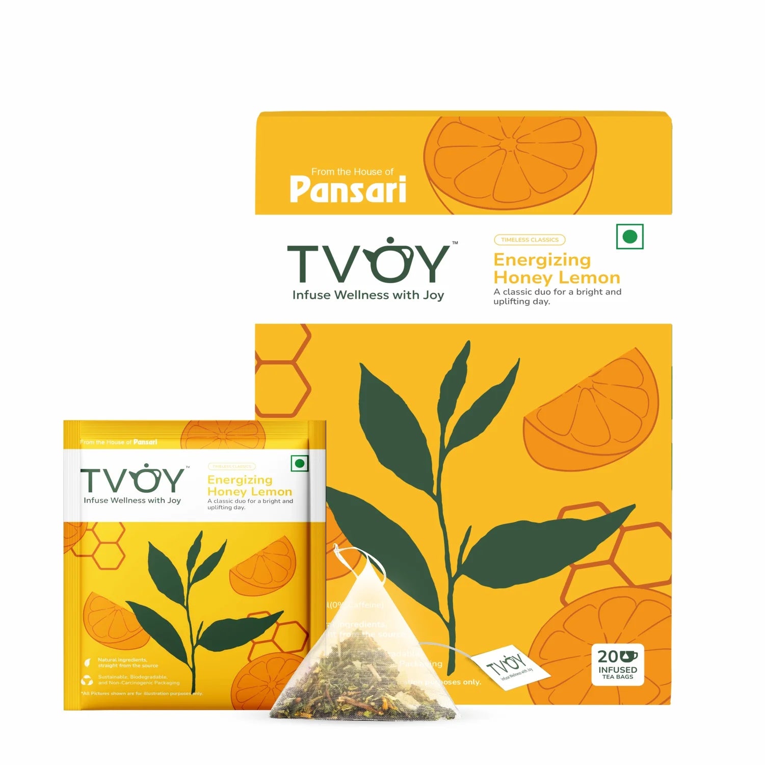 Tvoy Energizing Honey Lemon Green Tea box with sachet – refreshing citrus blend in biodegradable packaging