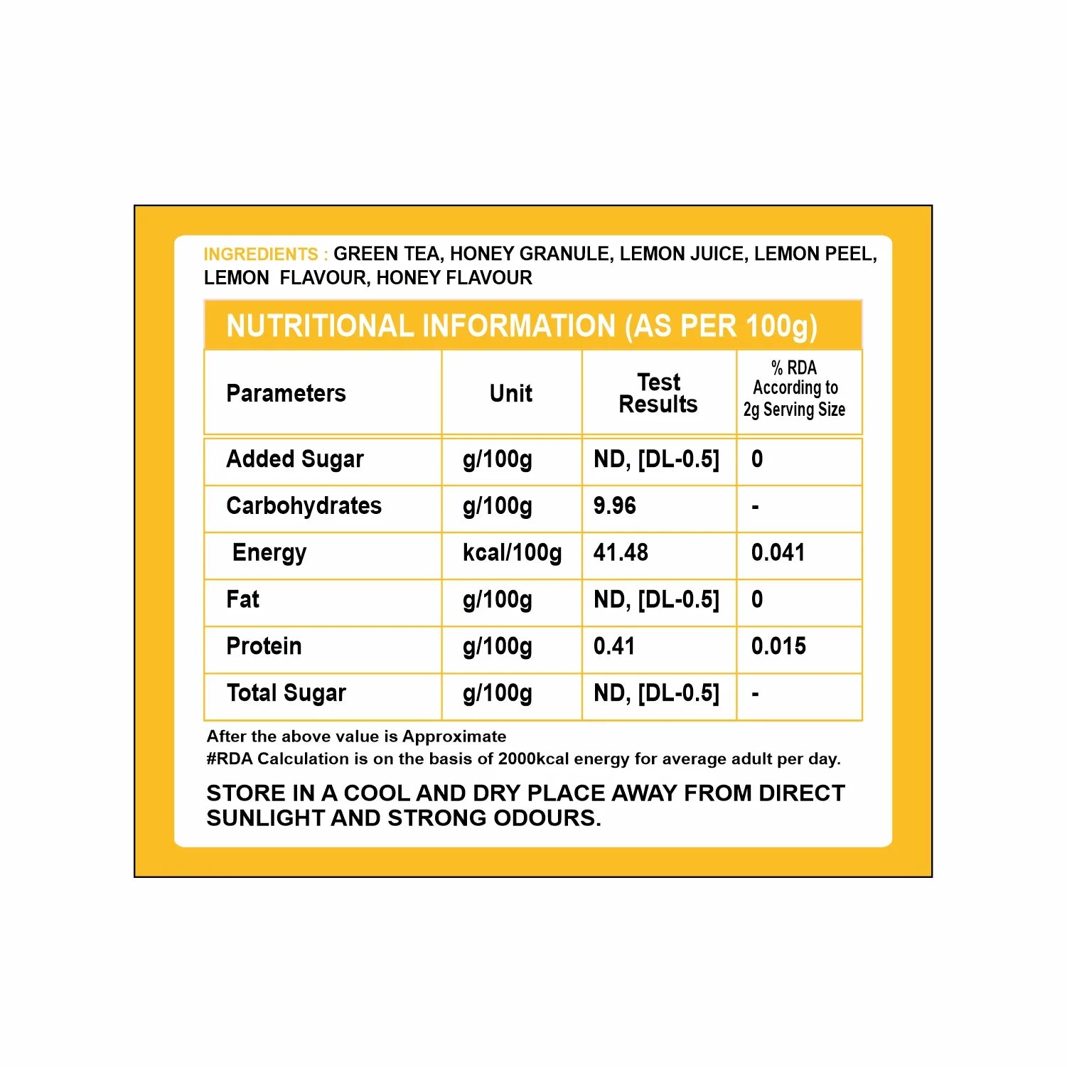 Tvoy Energizing Honey Lemon Green Tea box showcasing nutritional facts – low calorie, antioxidant-rich blend.