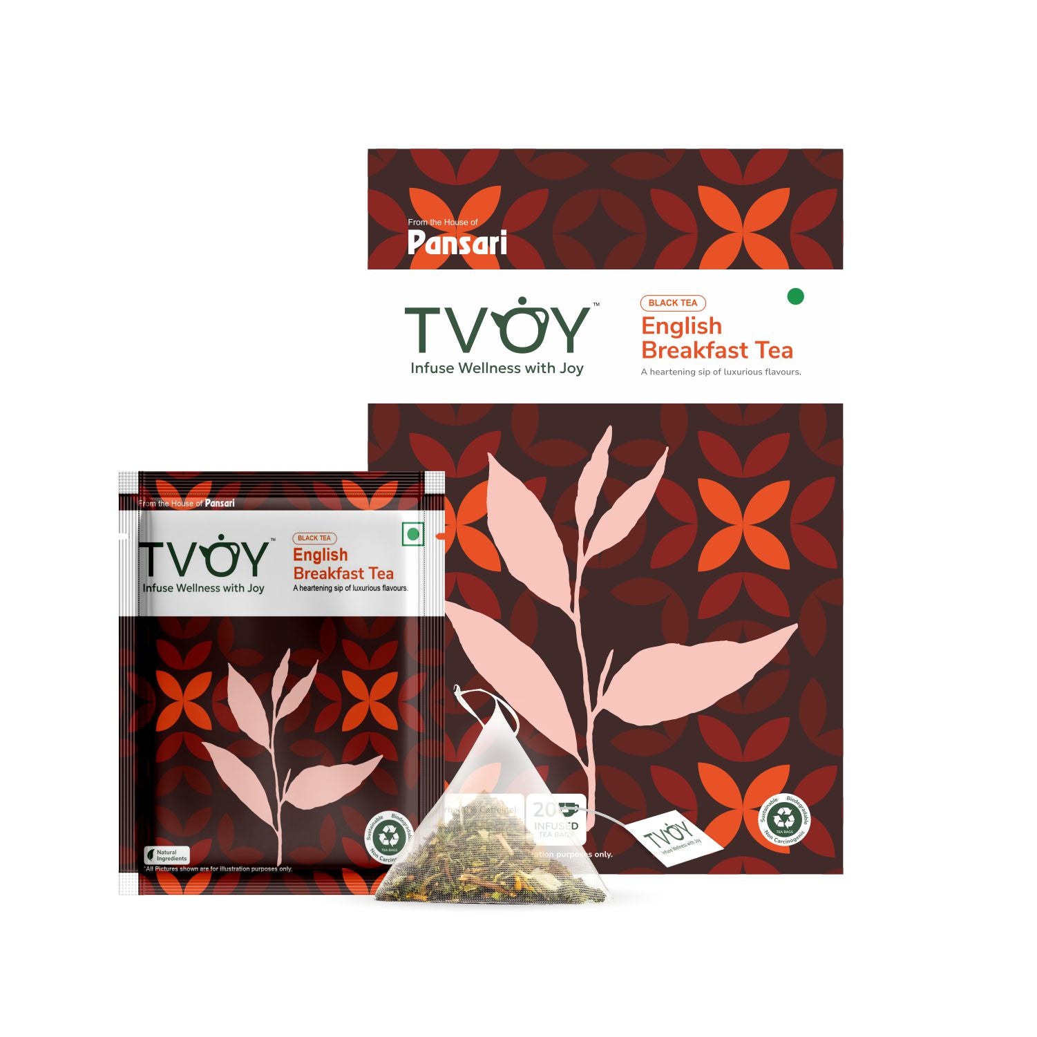 Tvoy English Breakfast Black Tea box with sachet – includes a biodegradable tea bag.