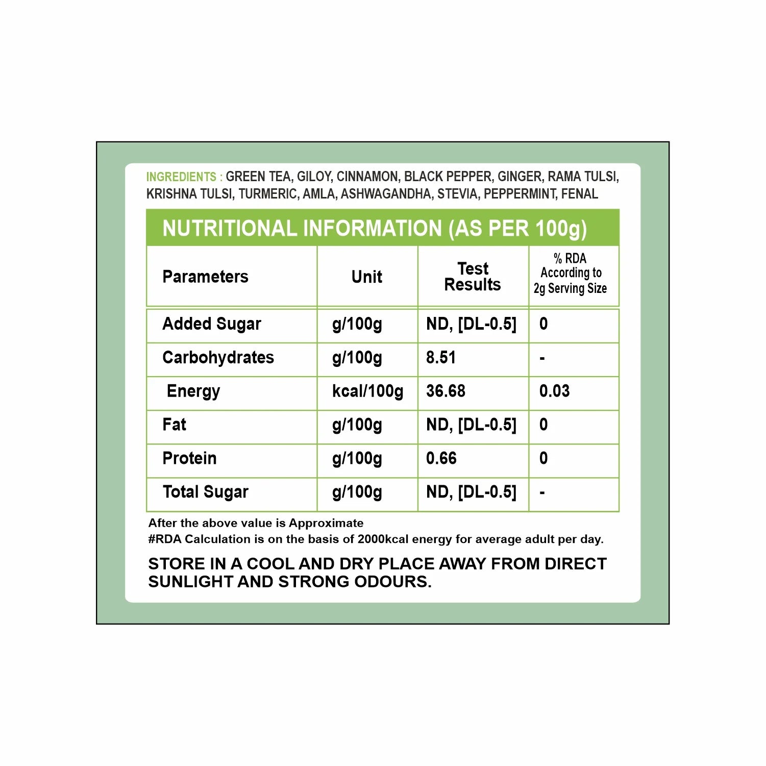 Tvoy Immunity Booster Green Tea box ingredients – detailed list of herbal and green tea ingredients.