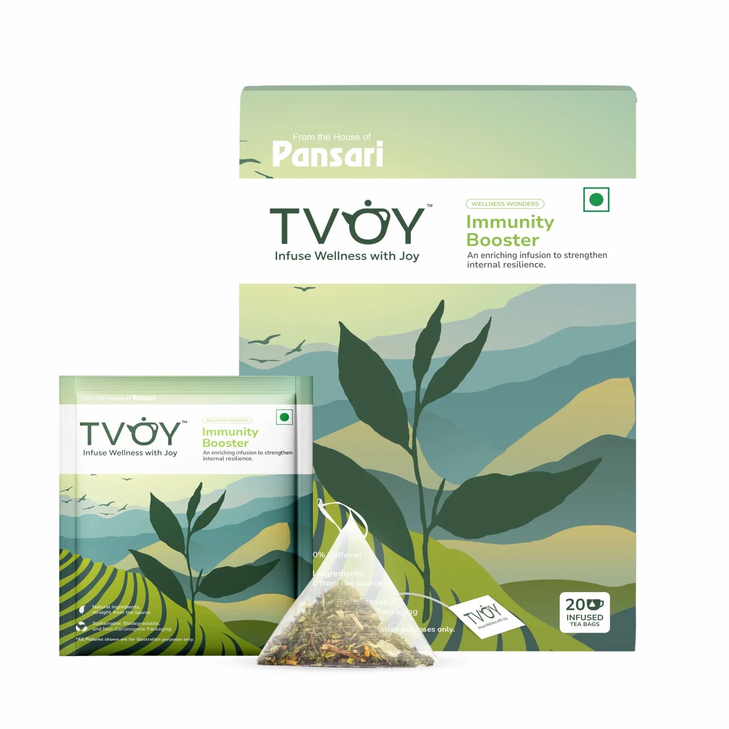 Tvoy Immunity Booster Green Tea box with sachet – includes one biodegradable pyramid tea bag.