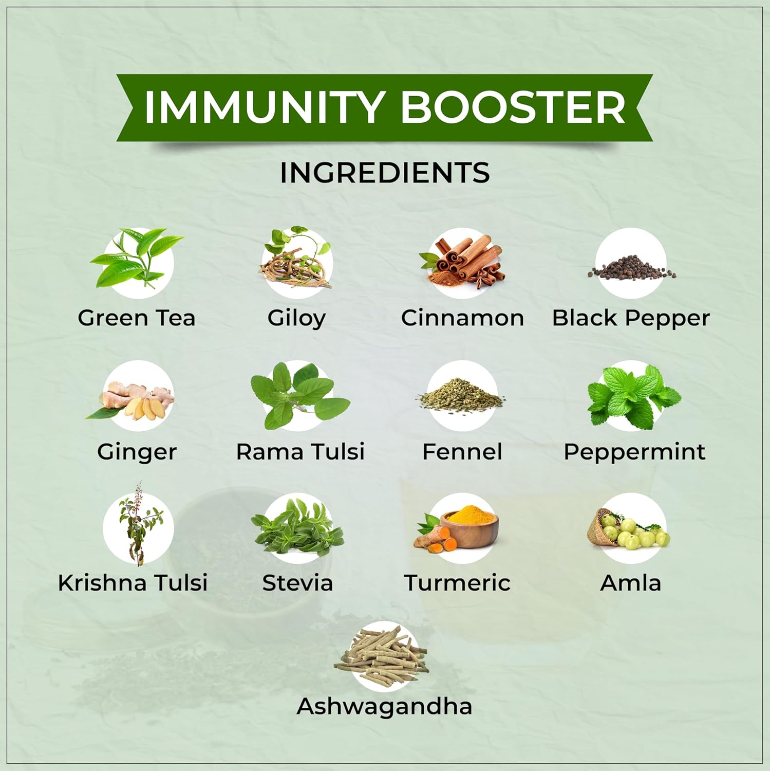 Tvoy Immunity Booster Green Tea ingredients – blend of green tea, herbs, and immunity-boosting botanicals.