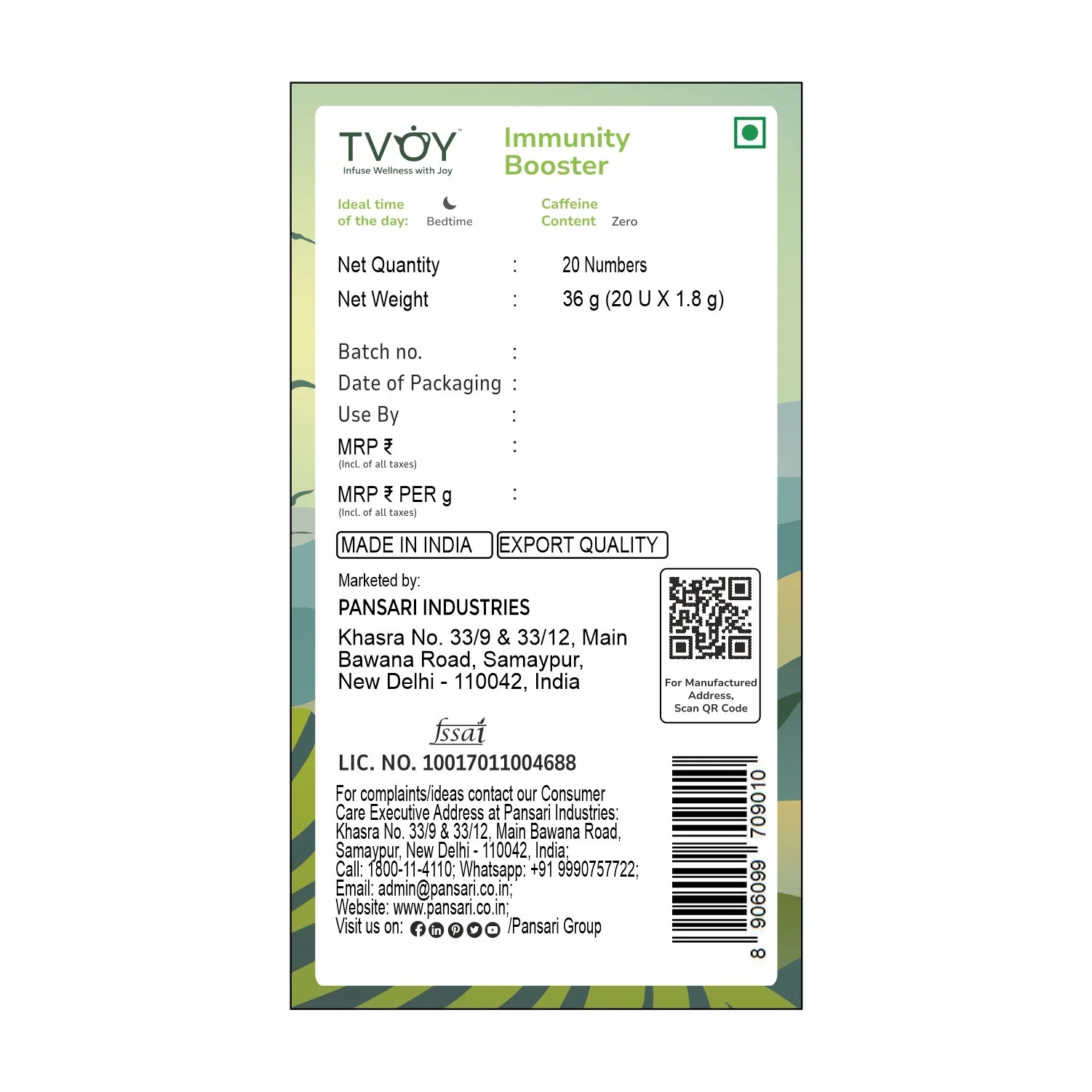 Tvoy Immunity Booster Green Tea packaging labels – includes net weight and quantity.