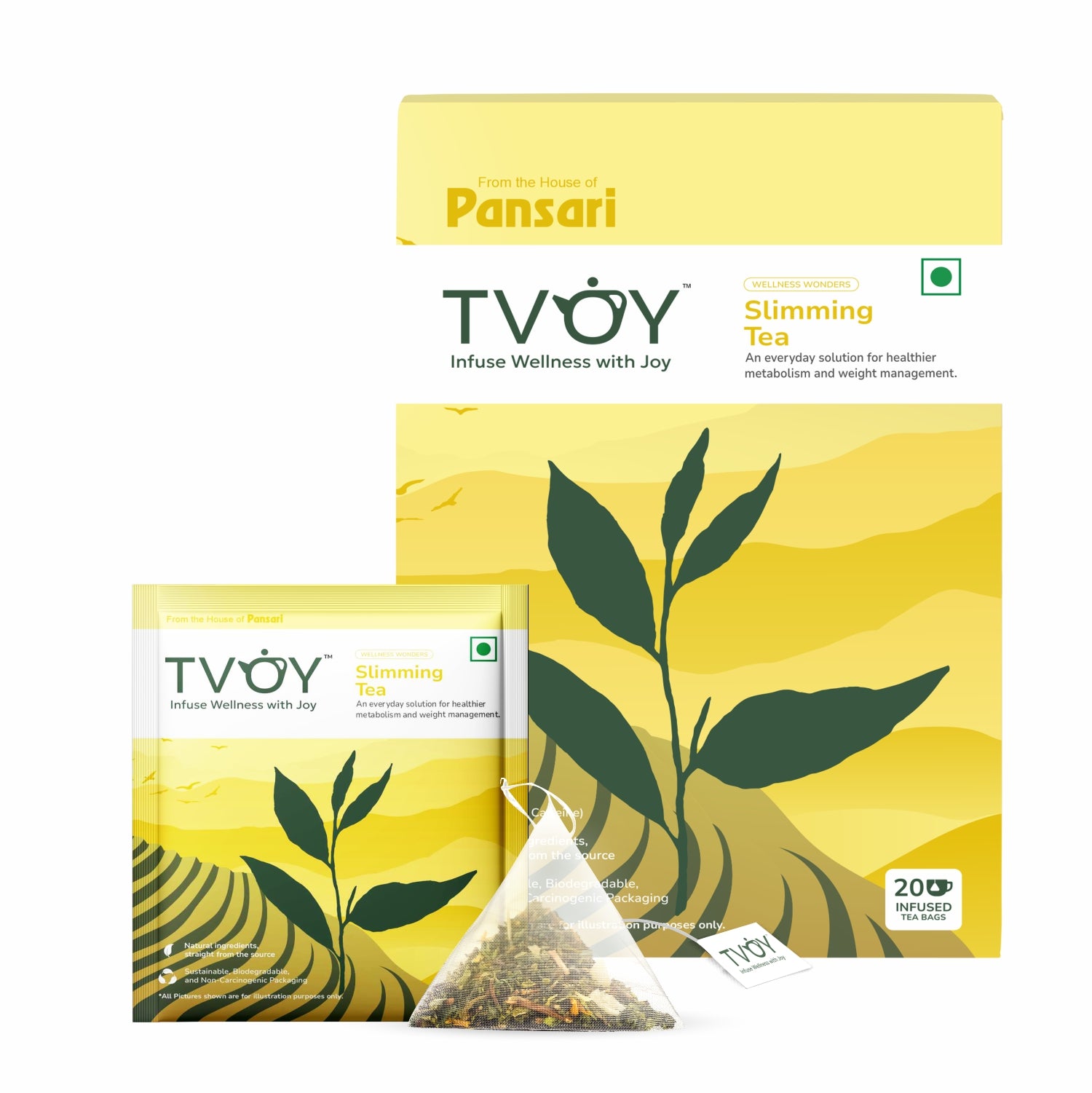 Tvoy Slimming Green Tea box with sachet – includes one biodegradable pyramid teabag.