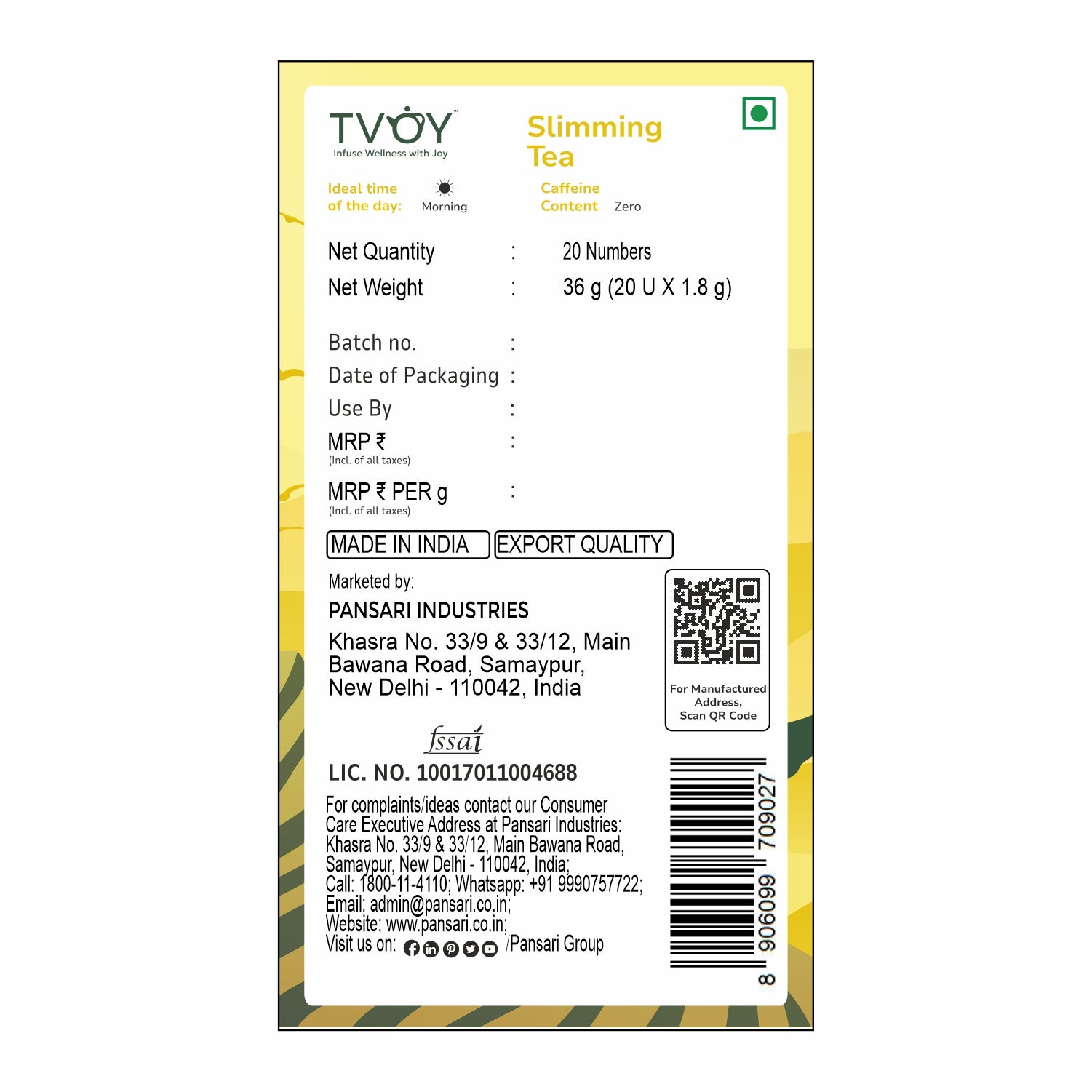Tvoy Slimming Green Tea packaging labels – shows nutritional facts.