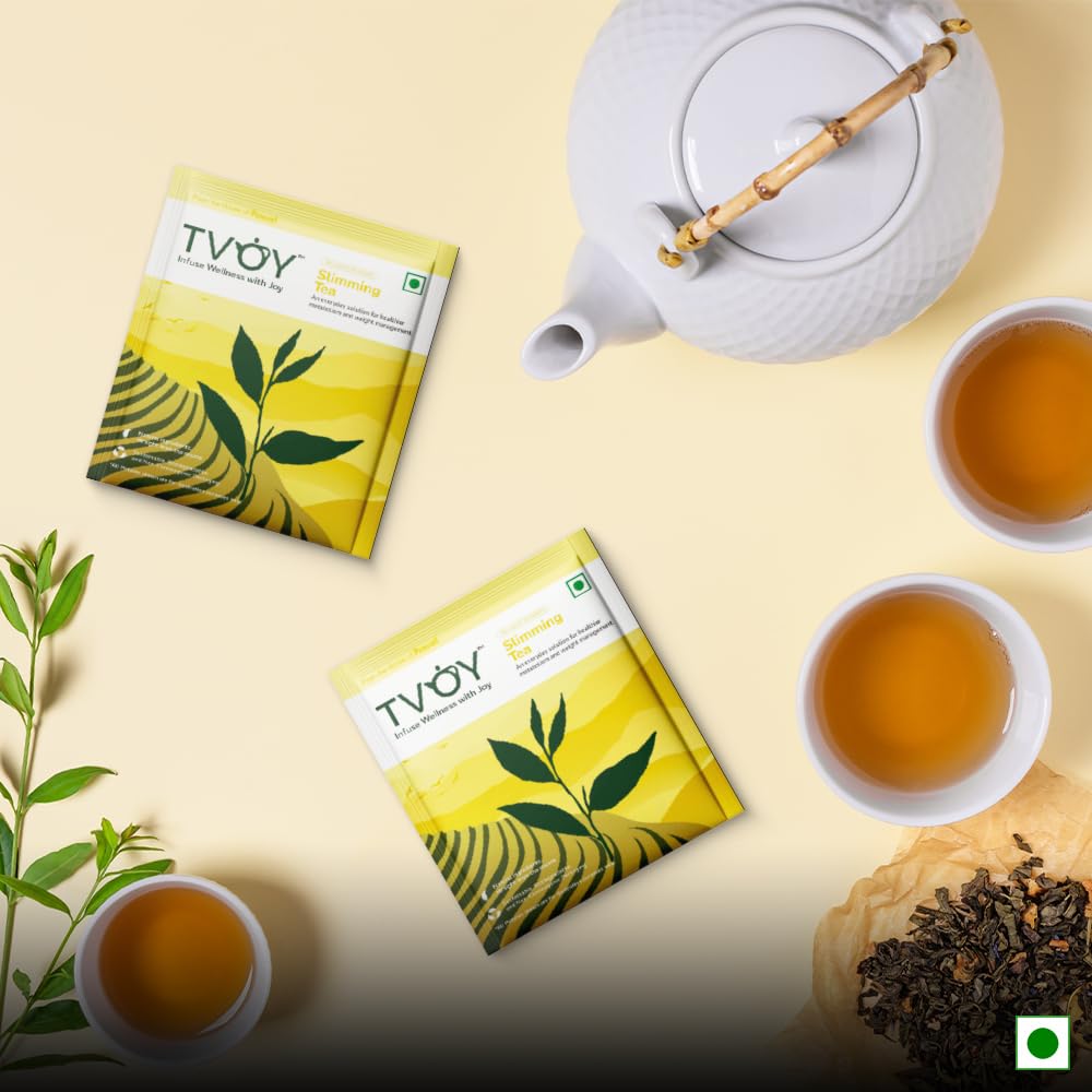 Tvoy Slimming Green Tea with a cup – brewed slimming tea for wellness and fitness.