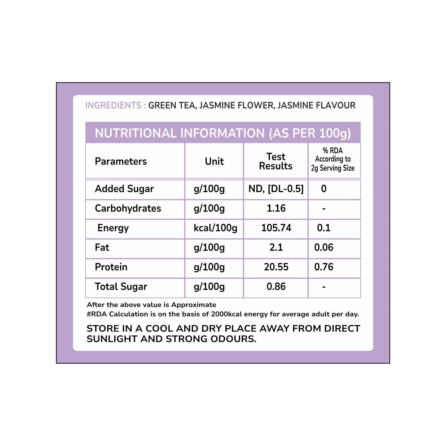 Tvoy Soothing Jasmine Floral Tea box ingredients – listed blend of green tea and jasmine flowers