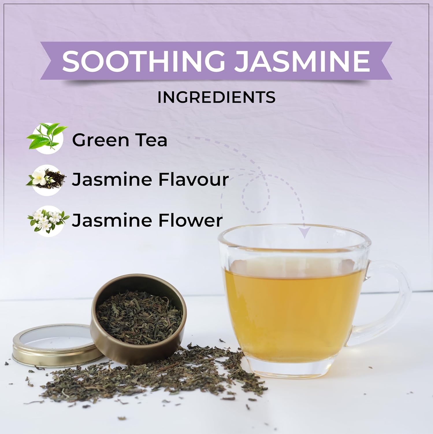 Tvoy Soothing Jasmine Floral Tea ingredients – green tea leaves blended with dried jasmine flowers