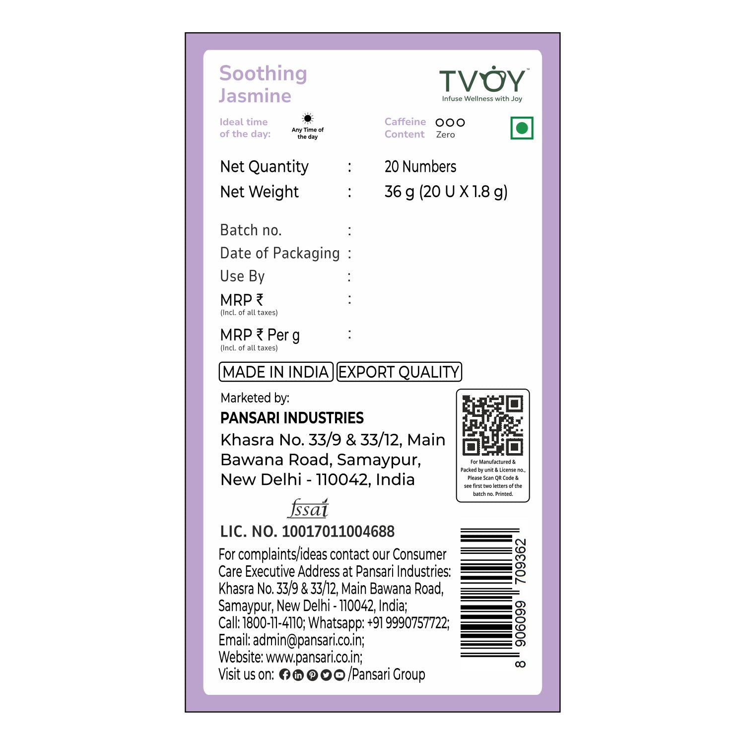 Tvoy Soothing Jasmine Floral Tea packaging labels – includes ingredients and quantity details.
