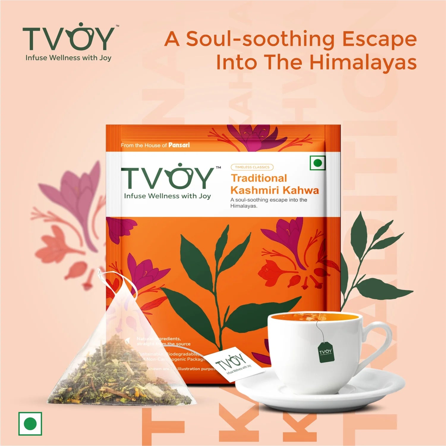 Tvoy Traditional Kashmiri Kahwa green tea – 20 biodegradable tea bags in eco-friendly packaging.