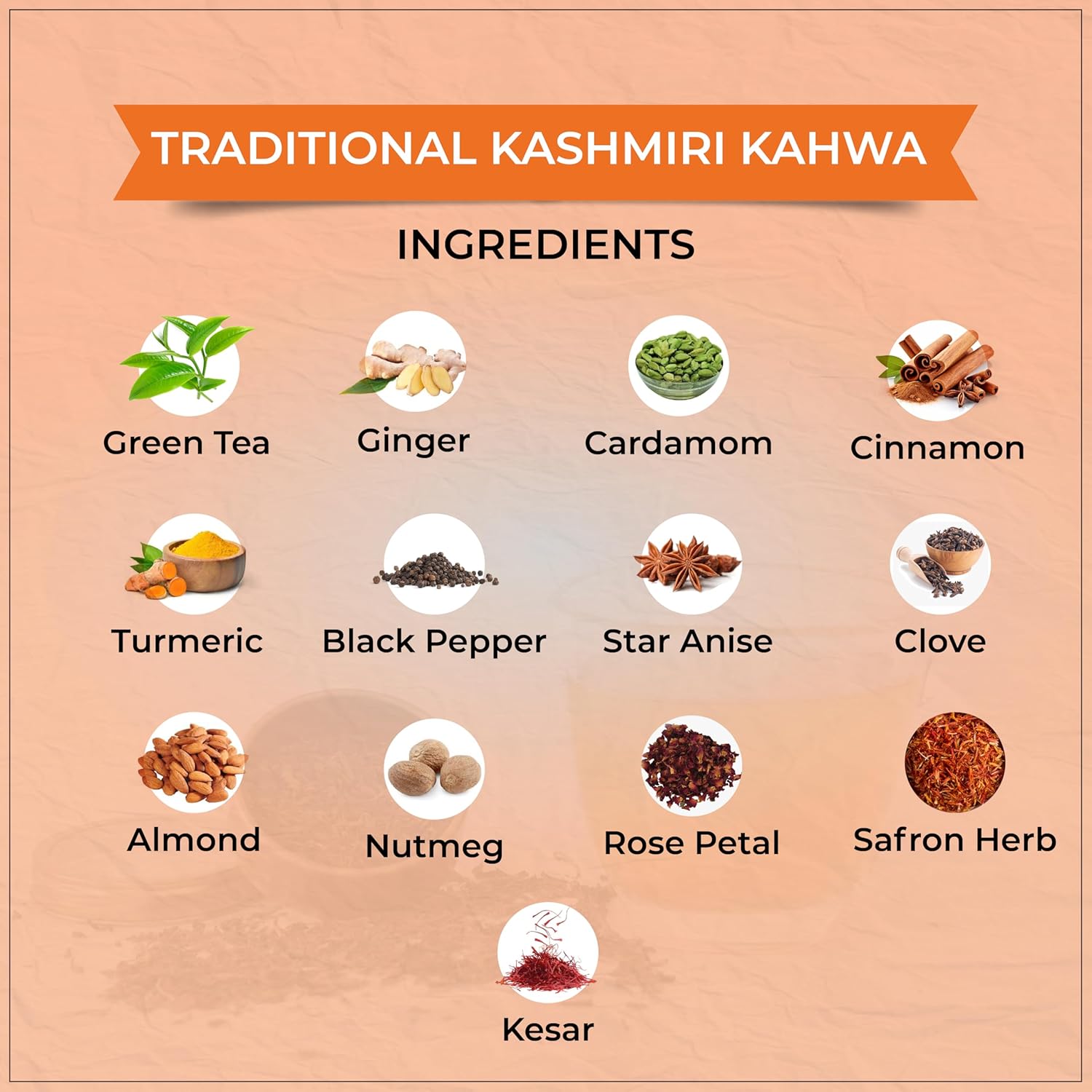 Ingredients of Tvoy traditional kashmiri kahwa green tea – showcasing high-quality green tea leaves.