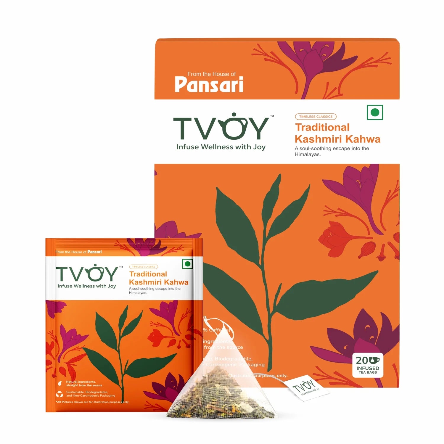 Tvoy Traditional Kashmiri Kahwa Green Tea box and sachet – high-quality green tea in biodegradable packaging.