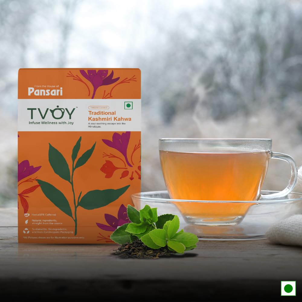 Tvoy Traditional Kashmiri Kahwa green tea – box and green tea cup on display with natural, calming vibes.
